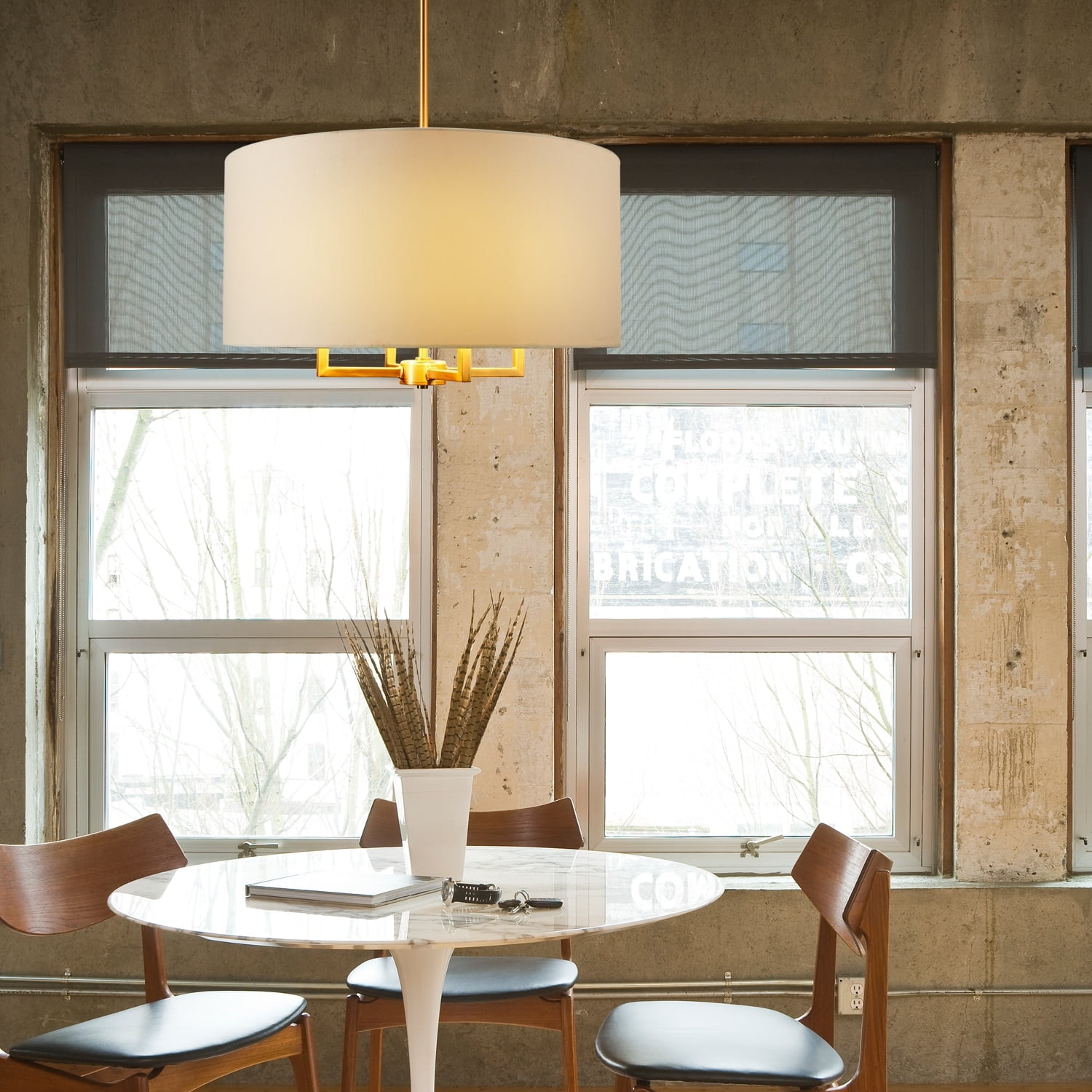 4-Light Matte Brass Pendant Lighting with Beige Fabric Shade - Image 3