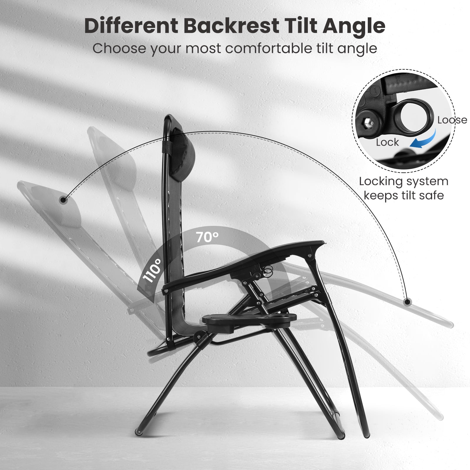 Maxkare Set of 2 Zero Gravity Chair Antigravity, Outdoor Folding Recliner with Adjustable Pillows and Cup Holder Trays for Tanning, 250 lbs Weight Capacity, Black - Image 6