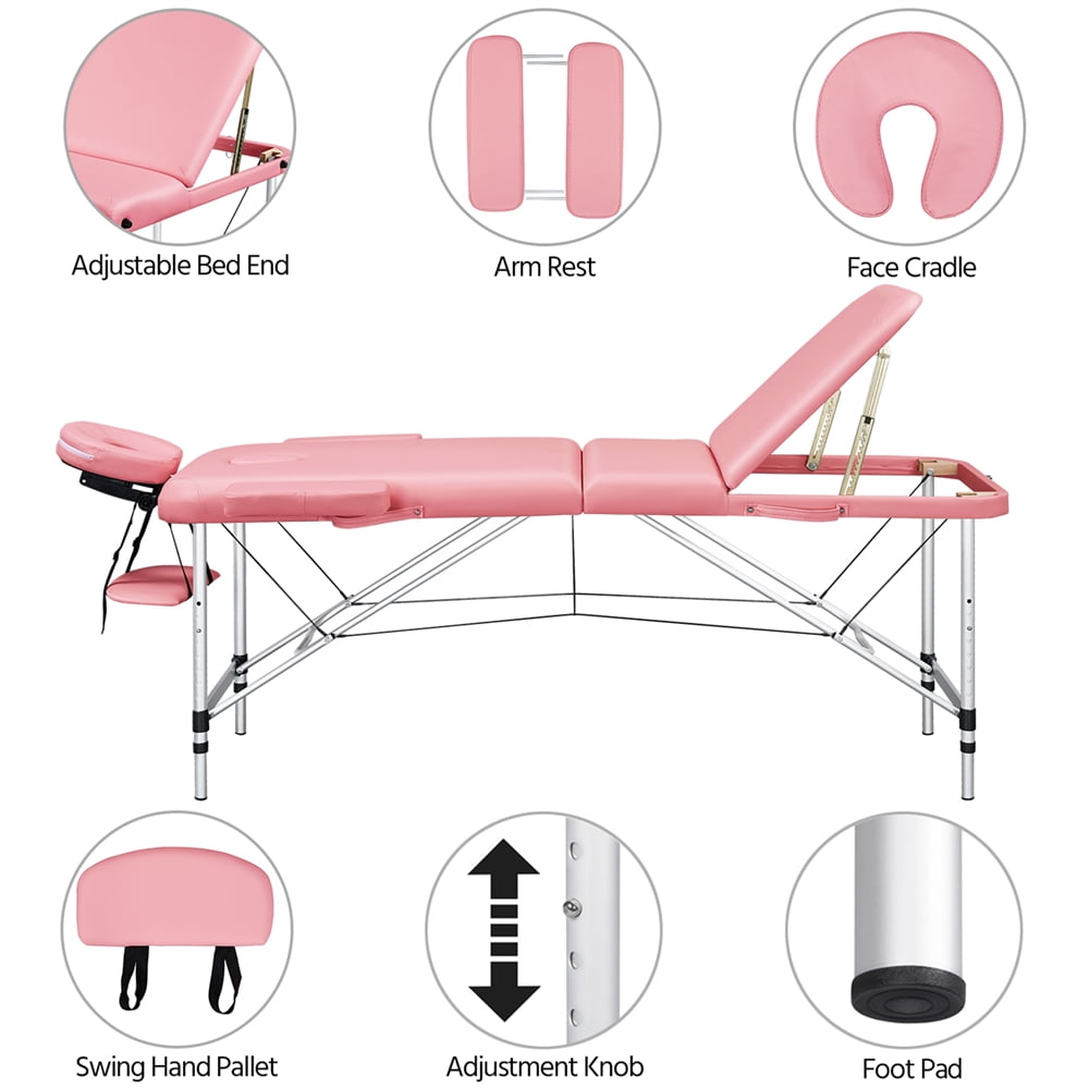 Renwick 3 Section Aluminum Massage Table with Removable Headrest Armrest, 84" x 31.5", Pink - Image 3