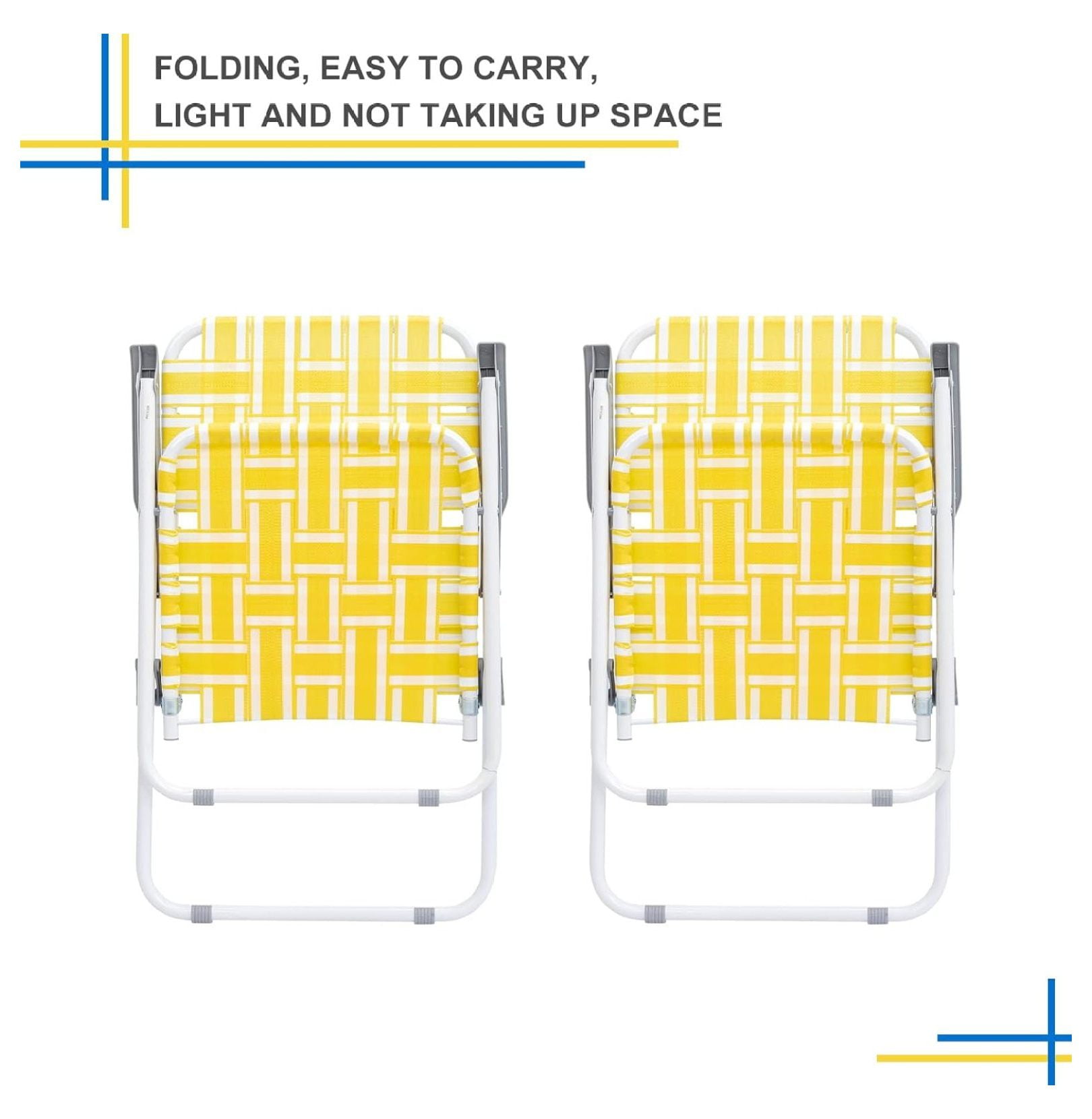 Webbed Lawn Chairs Set of 2, Foldable Metal Patio Chairs Stable Steel Outdoor Chair for Camping, Fishing, Beach, Poolside, Backyard and BBQ (Yellow&White) - Image 2