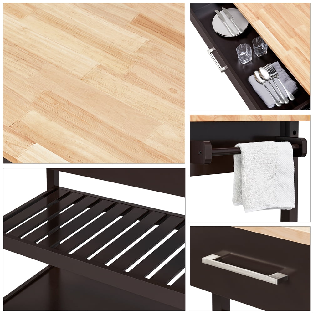 Alden Design Wooden Kitchen Cart with Storage Shelves and Drawer, Espresso/Oak - Image 2