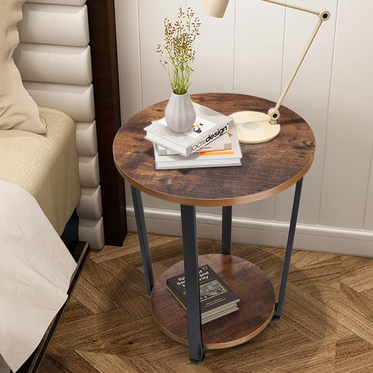 Small Round 2 Tier Wooden Side End Table for Small Spaces Bedroom Living Room Accent Tables Nightstand 22 Inch Height, Brown and Black Frame - Image 5