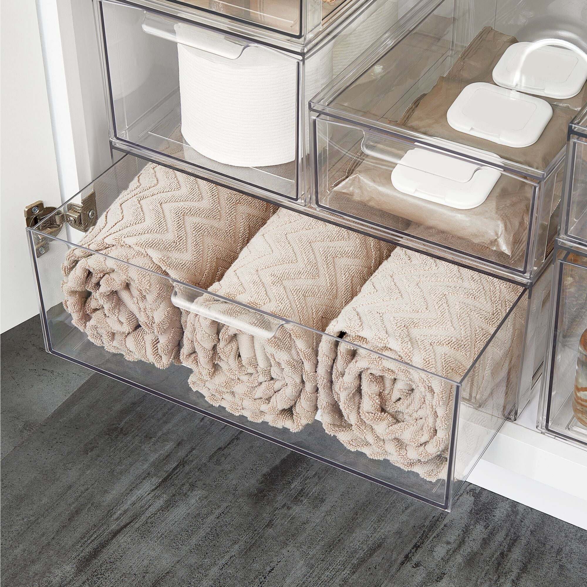 mDesign Plastic Stackable Bathroom Storage Organizer with Pull Out Drawer, Clear - Image 3