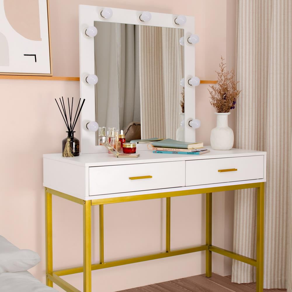 Zimtown Wood Vanity Set Makeup Table with Lighted Mirror Dressing Table Dresser Desk with 2 Drawers for Bedroom (White) - Image 6