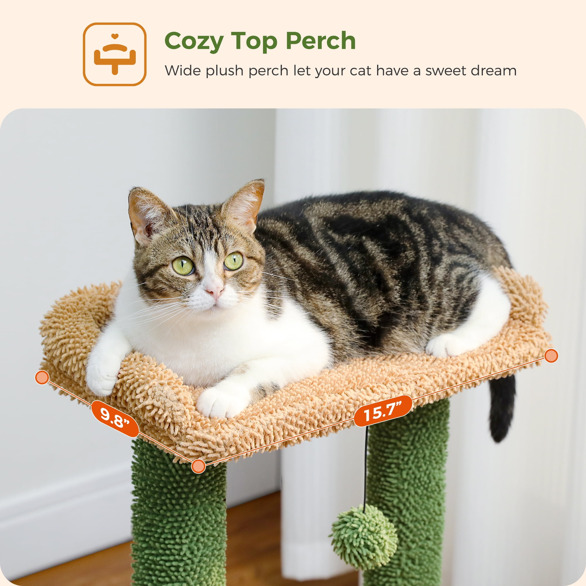 PAWZ Road Cat Tree 33" Cute Cactus Cat Scratching Posts Tower with Large Top Perch and Hammock for Medium Indoor Cats, Green - Image 2