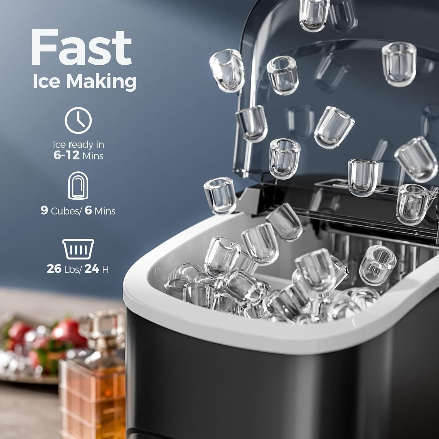 Moifoi Ice Makers with Handle,26.5Lbs/24H,9 Cubes in 6 Mins,2 Sizes of Bullet Ice,Portable Ice Machine with Self-Cleaning,Black - Image 2