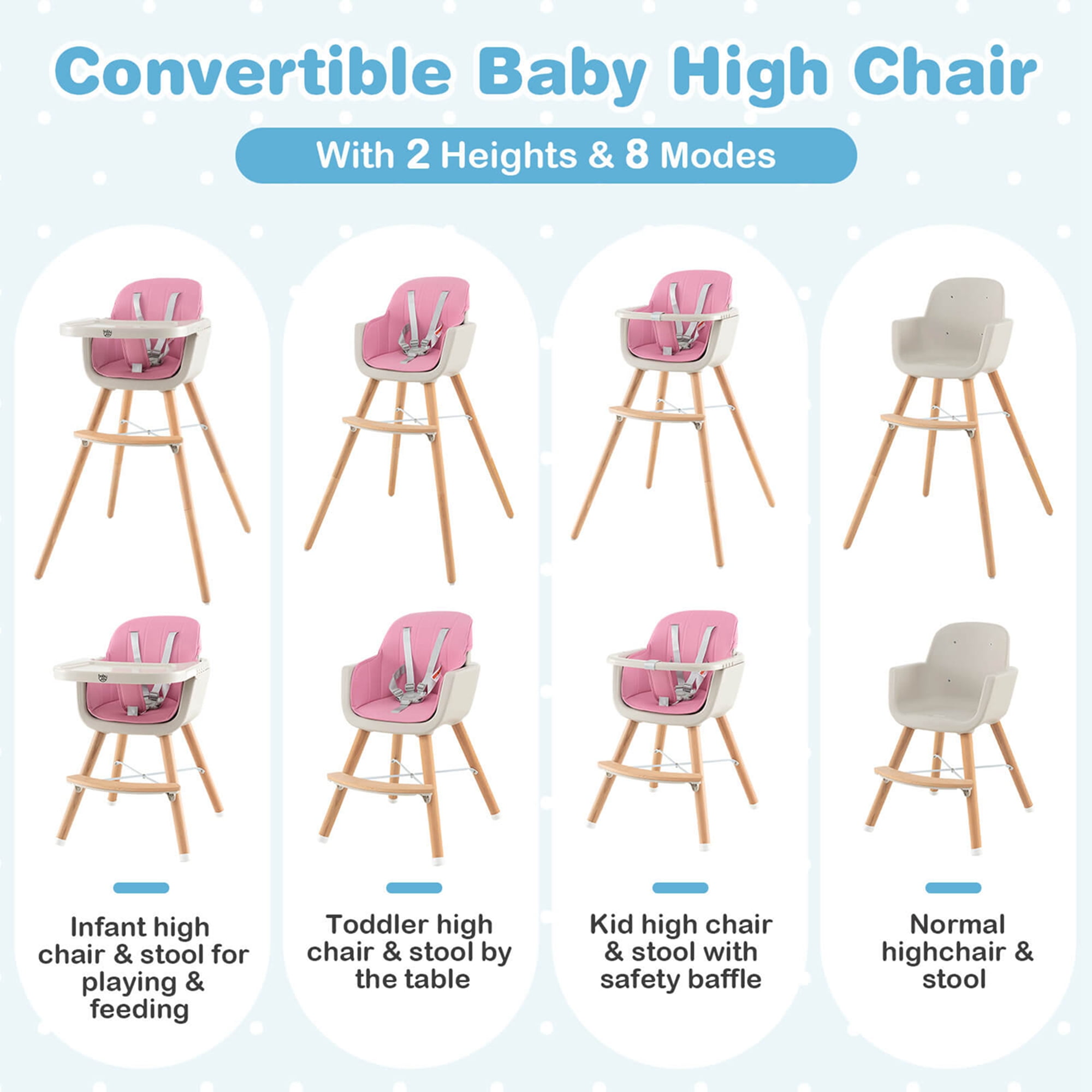 Baby joy Wooden High Chair Baby Toddler 3 in 1 Convertible Highchair w/ Cushion Pink - Image 2