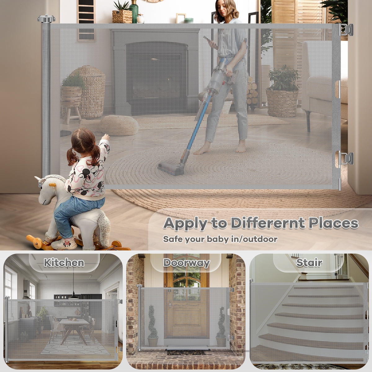 Retractable Baby Gate, POPO 42 inch Extra Tall Baby Gate, 71" Wide Baby Gate Dog Gate for Stair, Doorway, Gray - Image 2