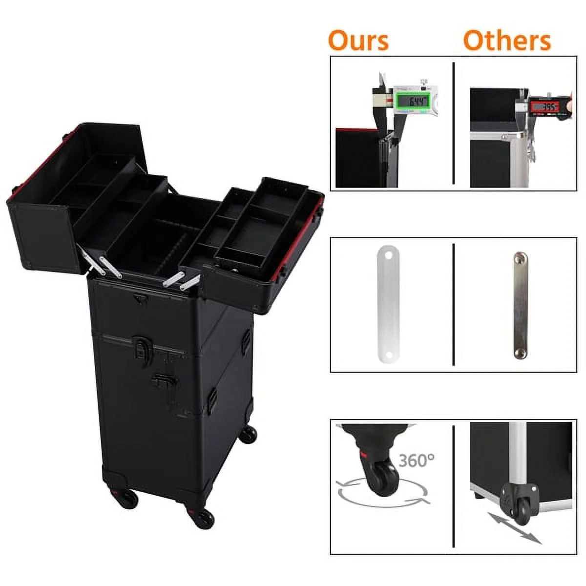 Alden Design 3-in-1 Rolling Professional Cosmetic Makeup Case, Black - Image 4