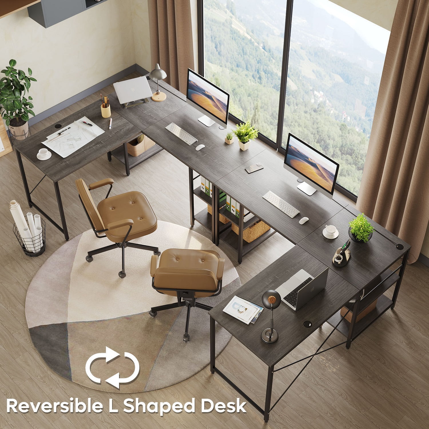 Bestier 95.5 inches L-Shaped Corner Computer Desk with Shelves Long Table Three-Way Convertible in Grey - Image 9