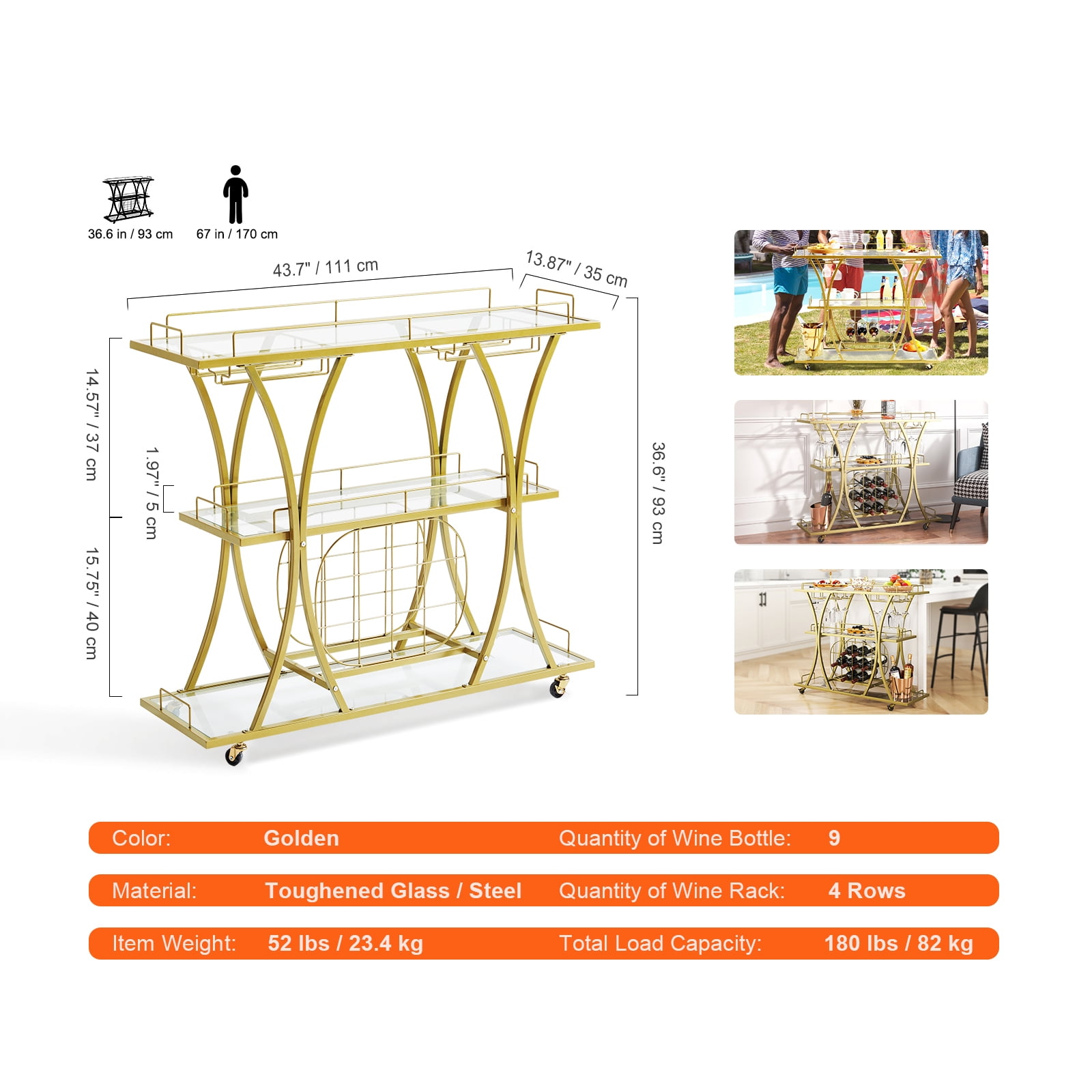 VEVOR Gold Bar Cart, 3 Tiers Home Bar Serving Cart with Lockable Wheels and Wine Rack Glass Holder, Rolling Wine Cart, Modern Wine Cart for Home Kitchen Dining and Living Room, 180 lbs - Image 4