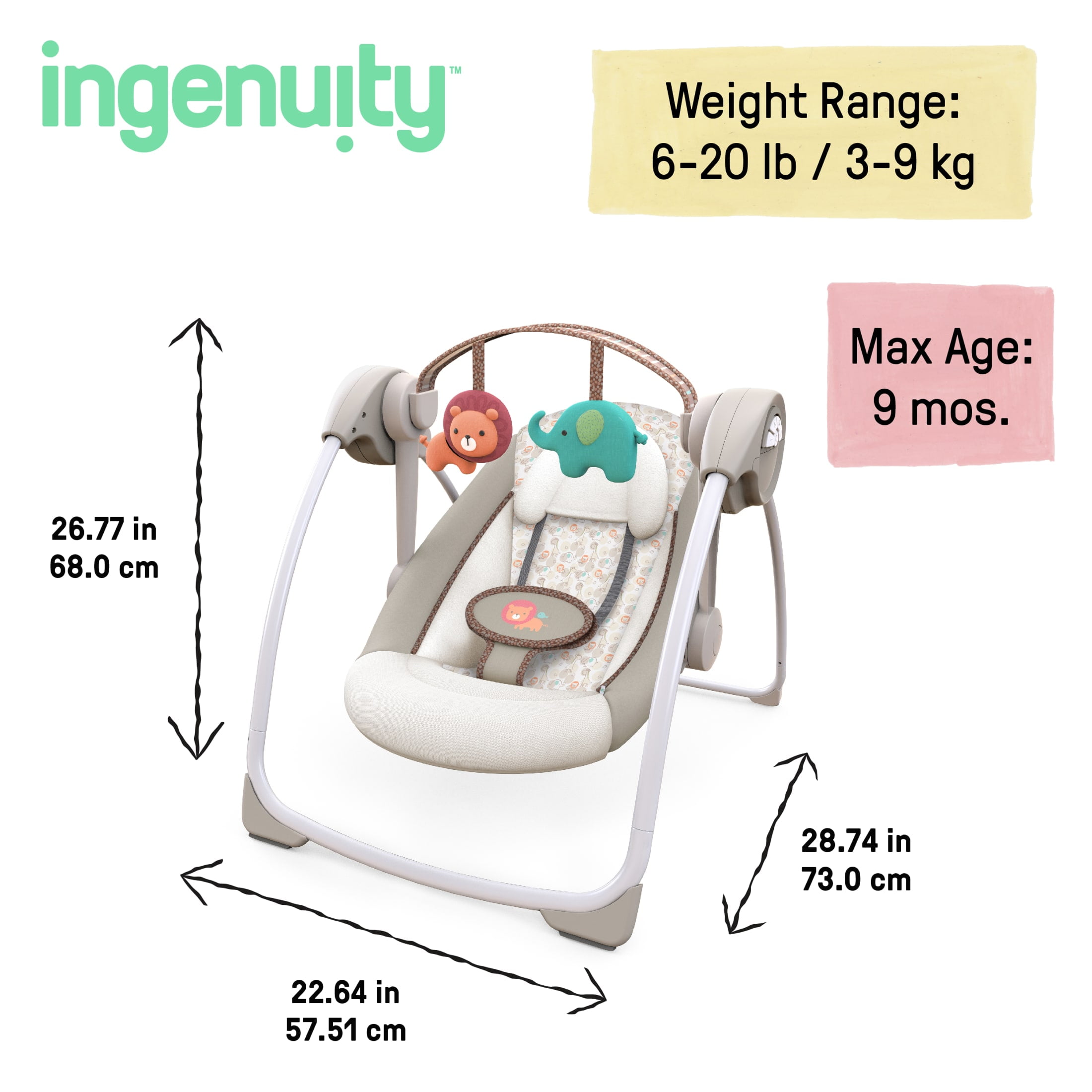 Ingenuity Soothe 'N Delight 6-Speed Portable Baby Swing with Music - Cozy Kingdom, Ages 0-9 Months, Unisex - Image 10