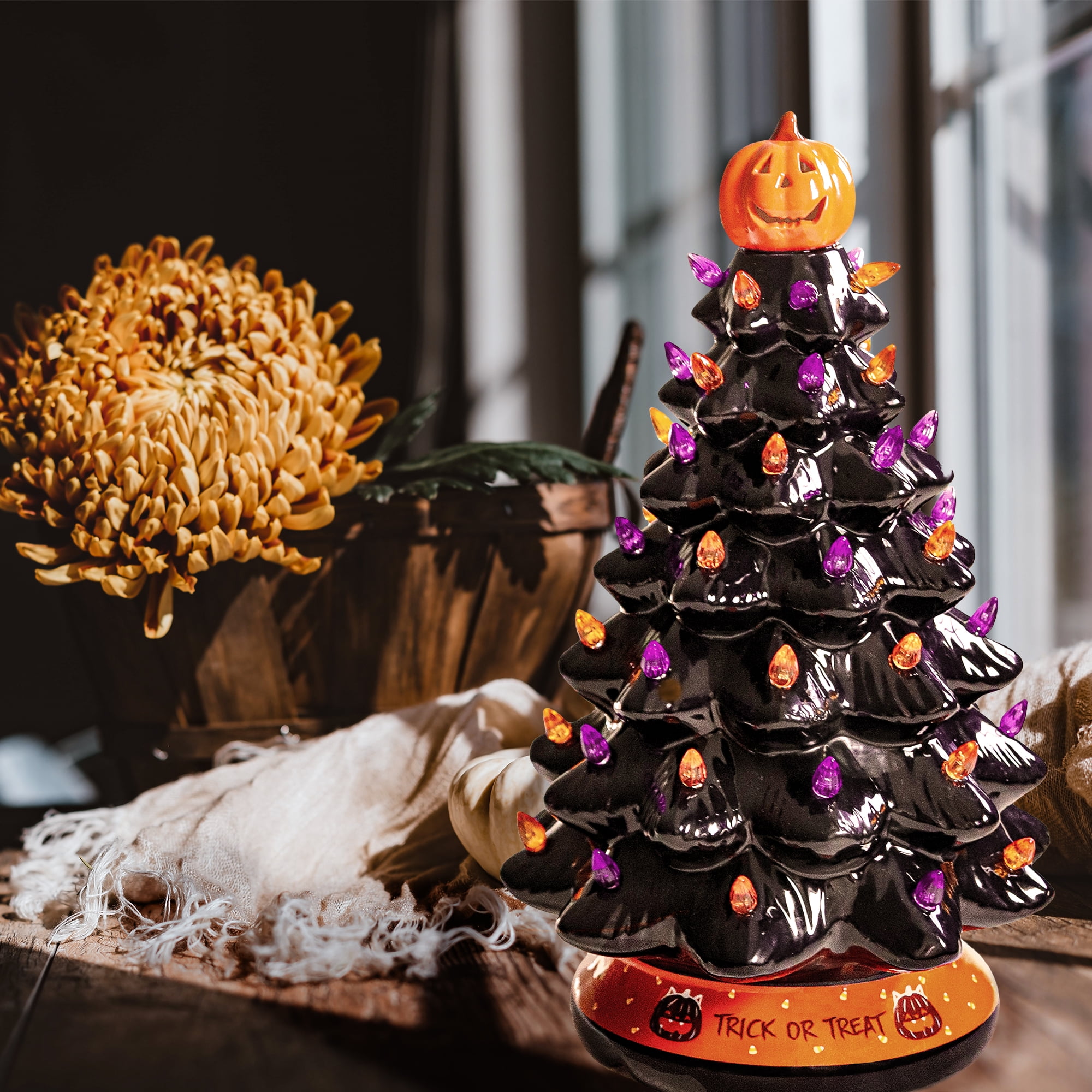 RJ Legend Ceramic Tree, 15" Halloween Handcraft Cordless with Pumpkin Head, LED Light Bulbs, - Black - Image 4