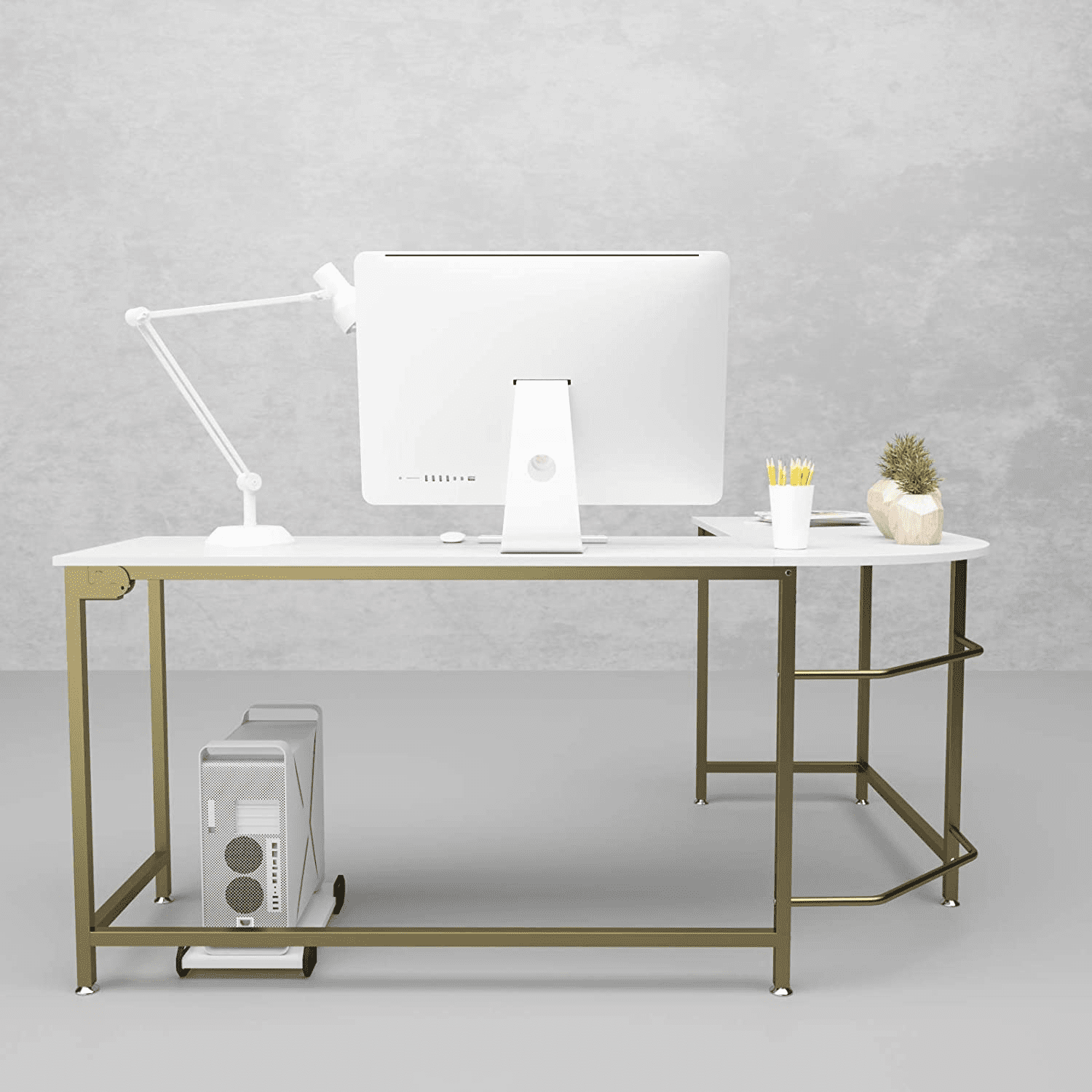 GEZEN Modern L-Shaped Computer Desk PC Latop Corner Table for Home Office, White with Gold Frame - Image 6