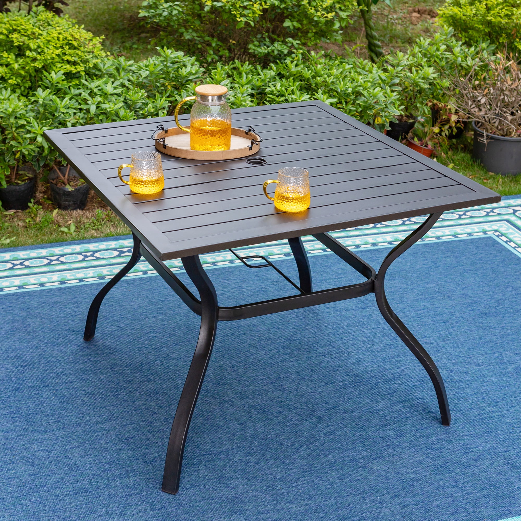 MF Studio 5-Piece Outdoor Patio Dining Set with 4 Metal Stacking Armchairs & 1 Square Table with Umbrella Hole, Black - Image 6