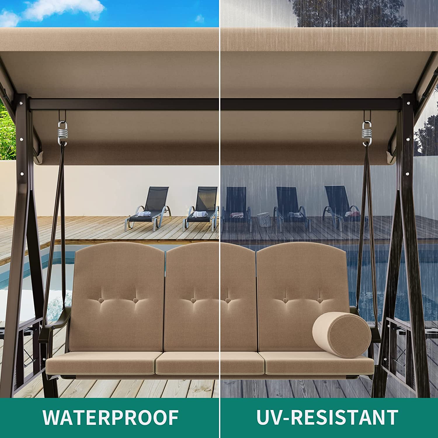 Dextrus Alloy Steel Chair Porch Swings with Adjustable Canopy and Removable Cushions, Dark Brown - Image 2