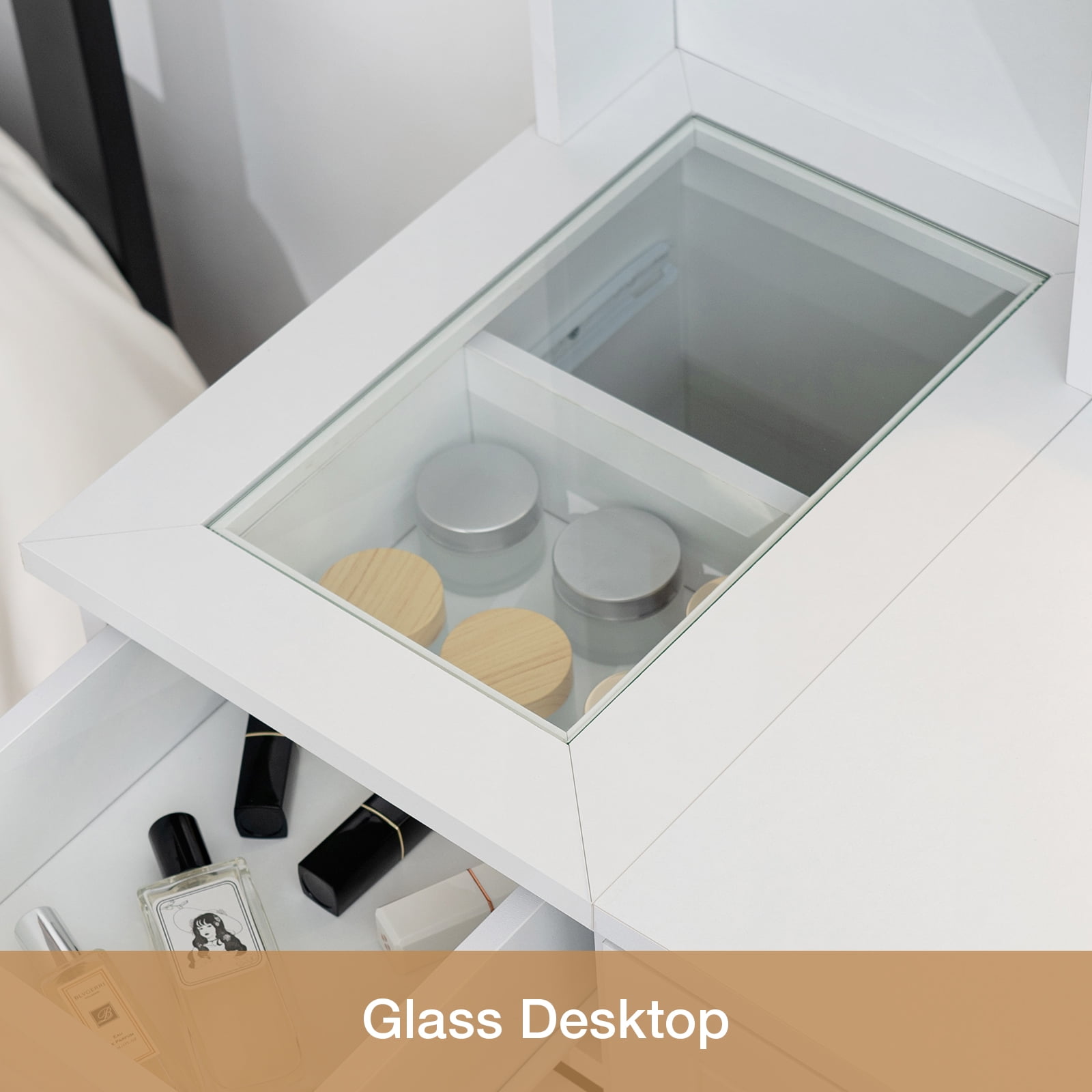 Hommpa Vanity Set with Mirror and Lights, White Vanity Glass Top Makeup Vanity Desk with Charging Station 3 Drawers 2 Cabinets, Vanity Table for Girls Women Dressing Table - Image 7