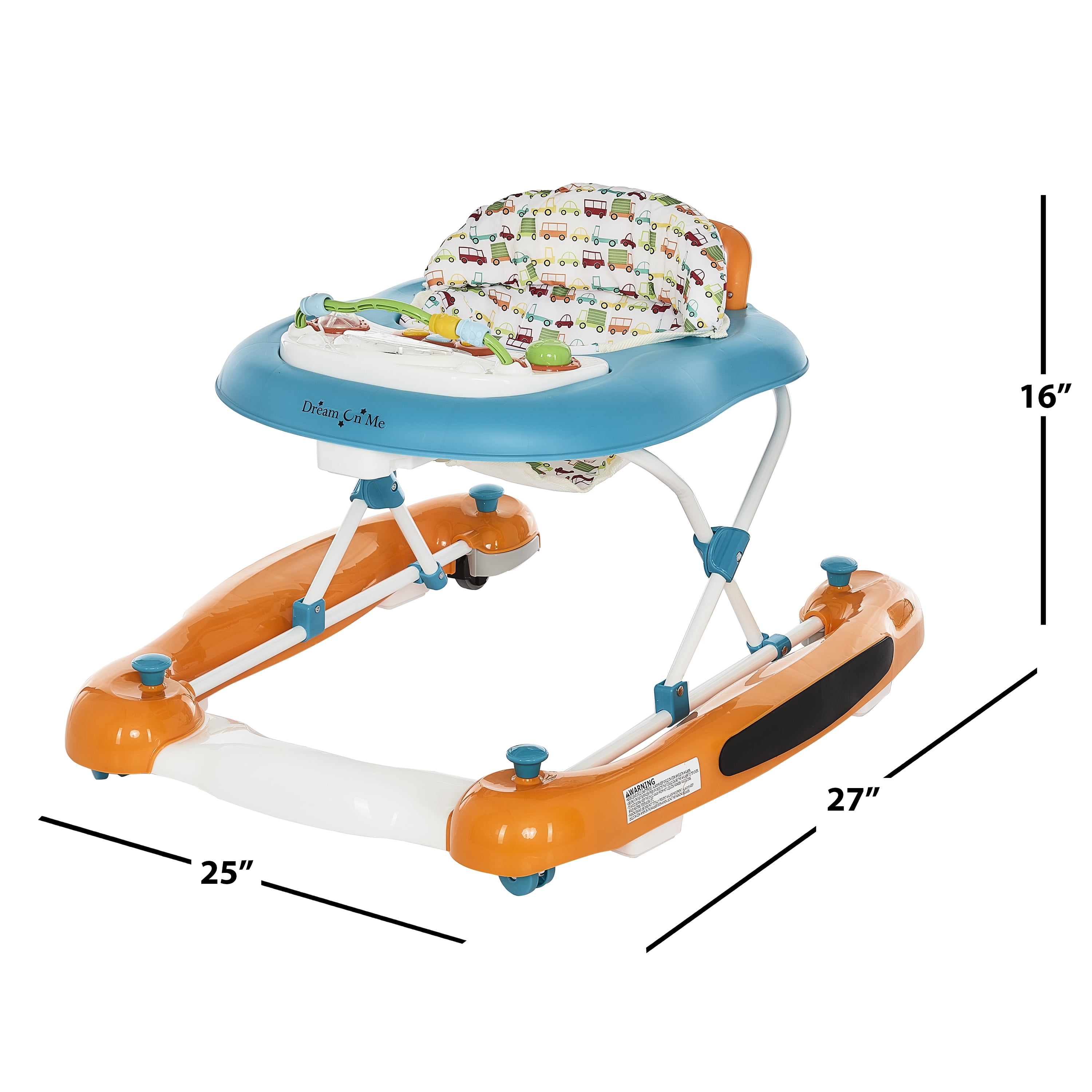 Dream On Me Go-Getter Baby Walker and Walk Behind Walker, Adjustable Seat Height, Comfortable Padded Seat, Easy to Fold, Pack and Store, Detachable Fun Tray, Orange Walker Orange - Image 2