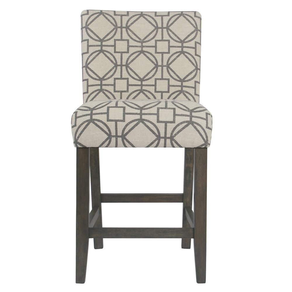 Wooden 24 Inch Counter Height Stool with Trellis Pattern Fabric Upholstery Cream and Gray - Saltoro Sherpi - Image 5