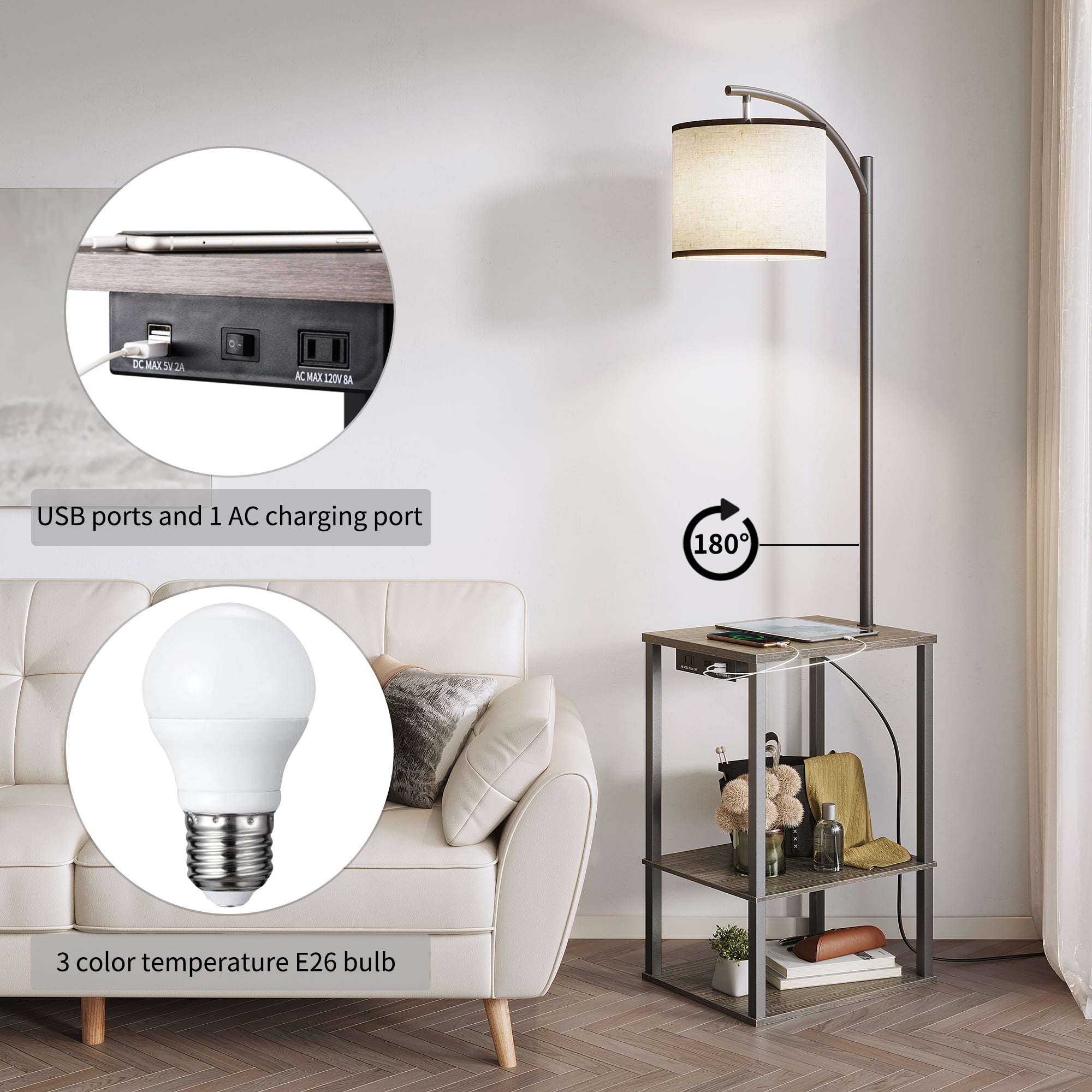 AOHAO 60” Floor Rustic End Table Lamp with Charging Station - Image 5