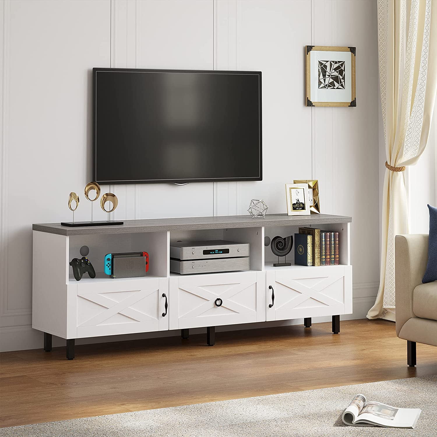 Dextrus Modern TV Stand for 70/65 inch, Wood Media Console with Storage Cabinet and Open Shelves, White/Grey - Image 8