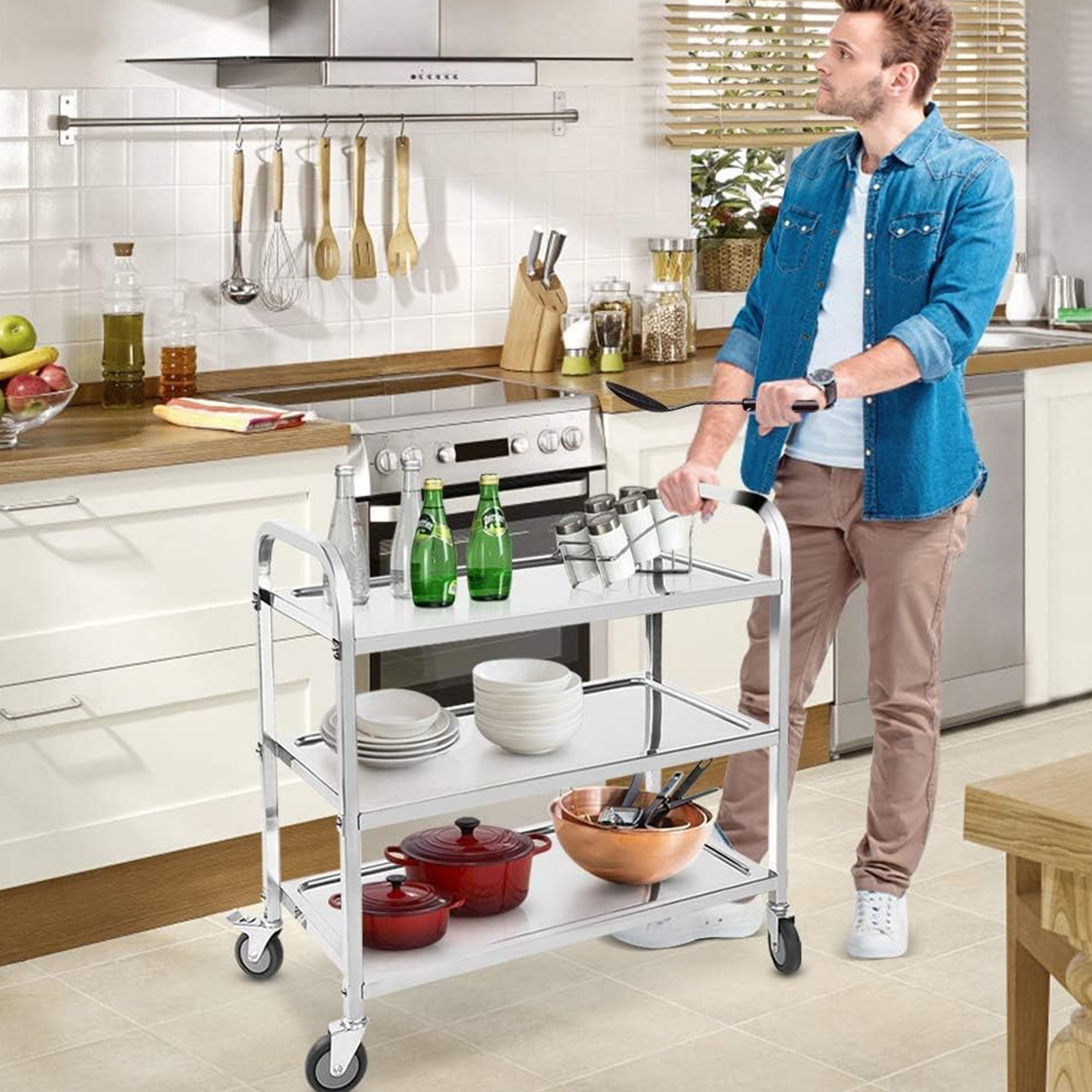 Petoto 37x20x37 inch 3-Tier Stainless Steel Utility Cart - Commercial Food Cart - Kitchen Serving Carts with Locking Wheels - Image 8