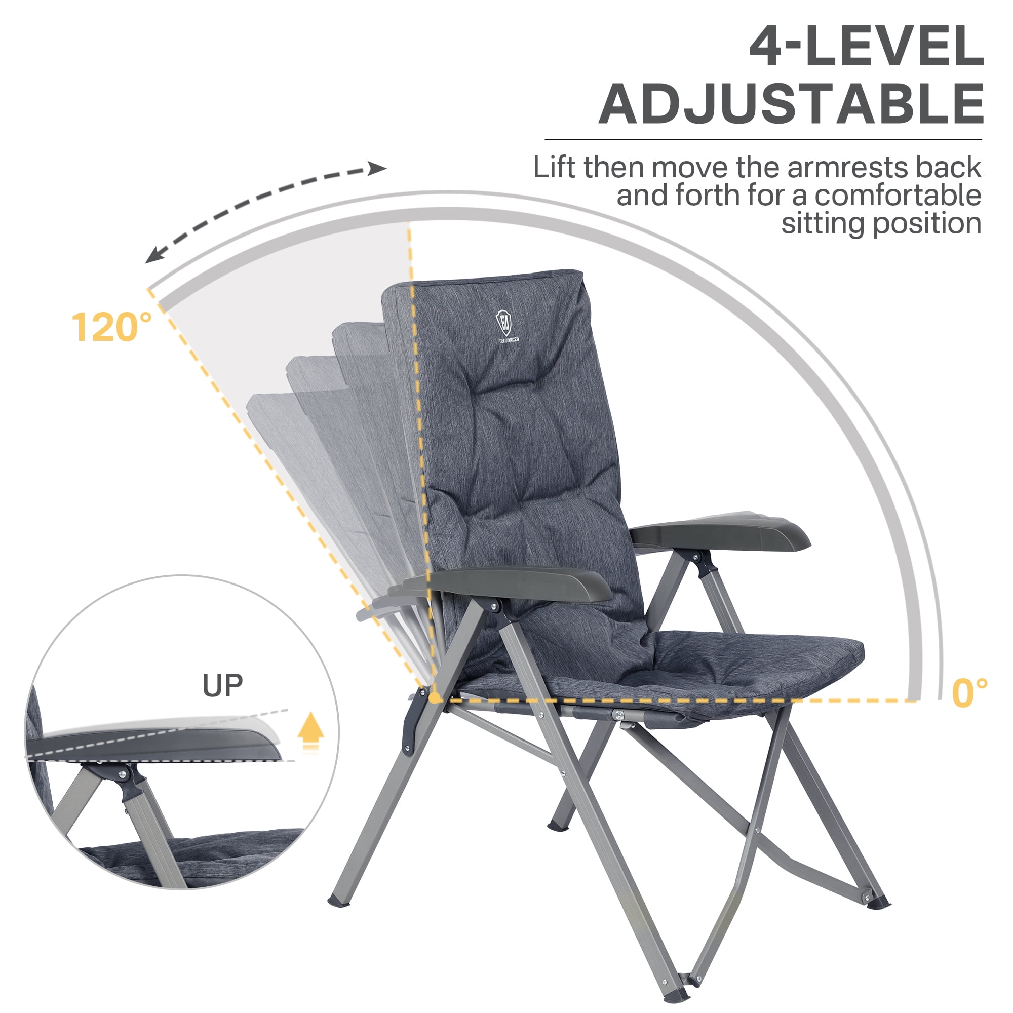 Padded Camping Recliner Chair, Adjustable Folding Reclining Chair with High Back, Supports 300 lbs, Gray - Image 5