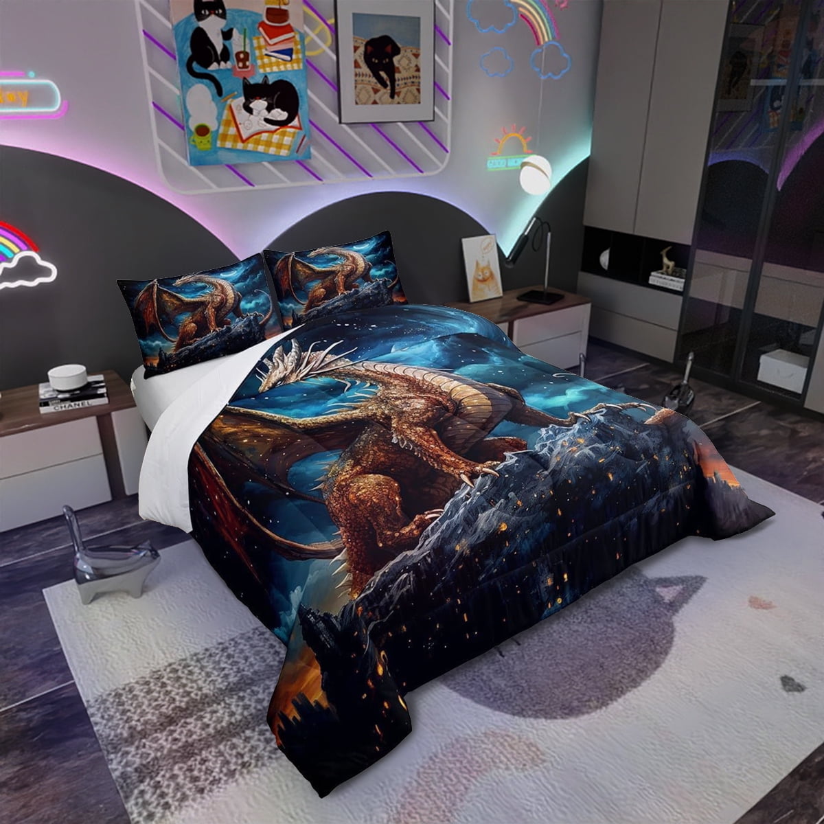 Erosebridal 3D Dragon Comforter Set Twin ,Blue Moon Nebula Galaxy Bedding Set Trippy Room Decor,Gothic Dragon Bedding Comforter Sets Animal Quilt Bed Set 2Pcs - Image 4