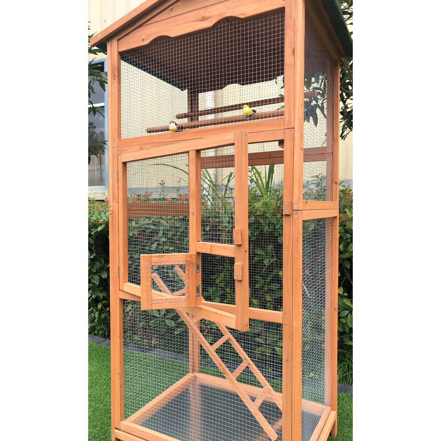 Hanover Outdoor Wooden Bird Cage with 3 Resting Bars, Ladder, Waterproof Roof and Removable Tray, 2.9 Ft. x 2.1 Ft. x 5.8 Ft. - Image 5