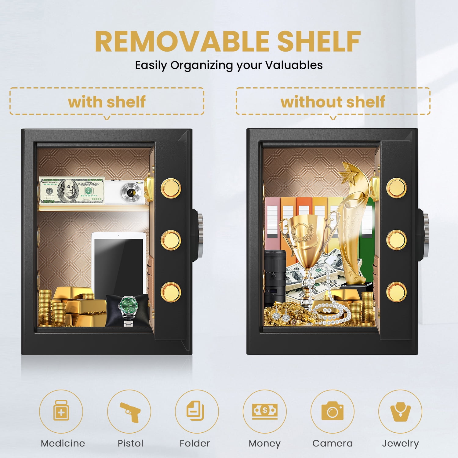 Kavey 2.3 Cub Large Safe Box, Home Safe with LED Light and Removable Shelf, Money Safe with Key Hook & Document Bag, Safe for Money Jewelry Document Valuable - Image 5