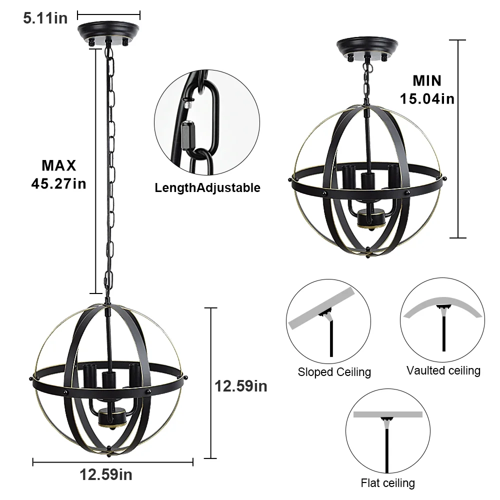 Depuley 3 Light Golden Industrial Metal Globe Pendant Lighting Fixture Rustic Chandelier Flush Mount Ceiling Light for Living Room Kitchen Bedroom Hallway, E12 Socket - Image 6
