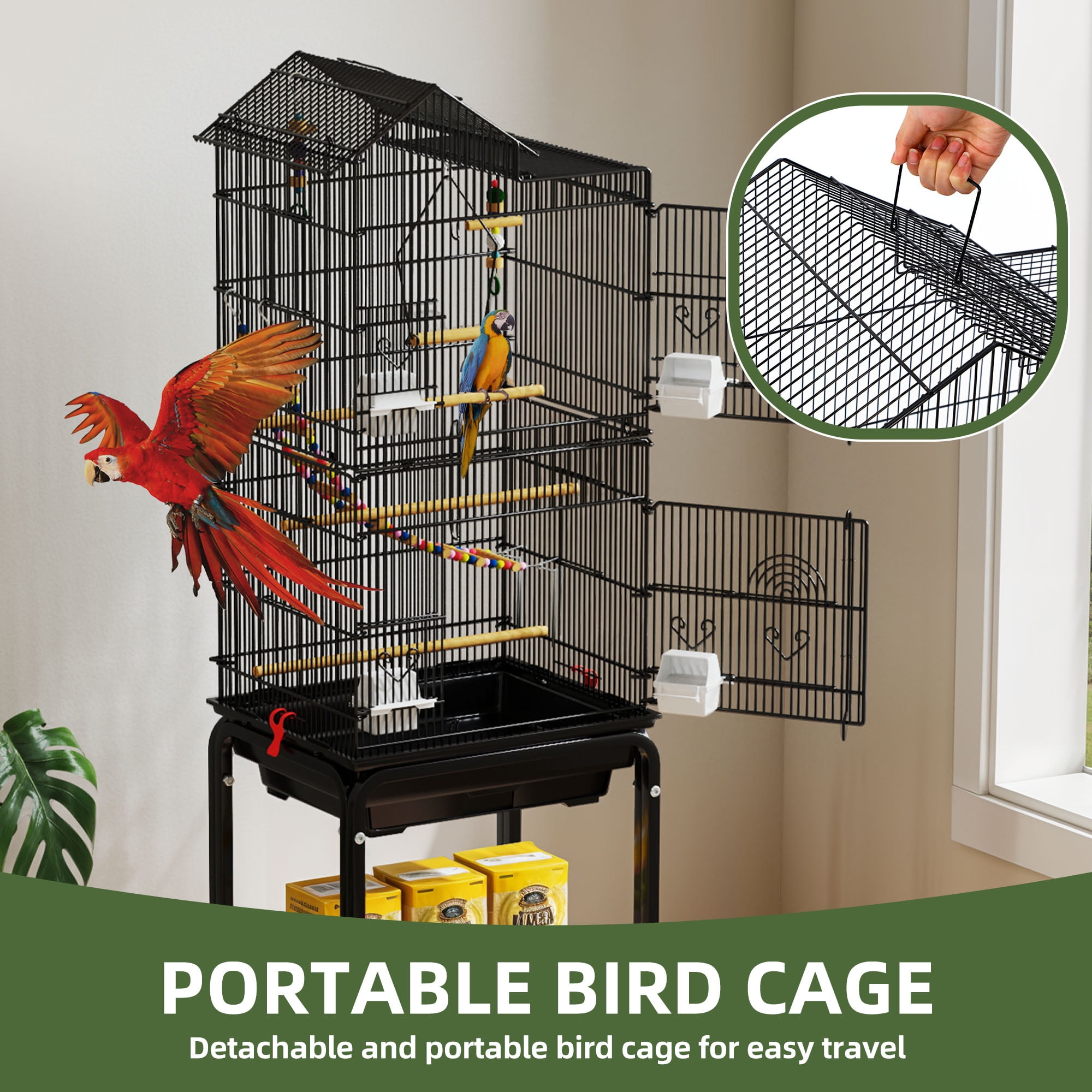 Uforic 62" Metal Birdcage with Rolling Stand and Castor Wheels, Large Parrot Cage with 3 Perches and 4 Feeders, Slide-Out Tray, Black - Image 5