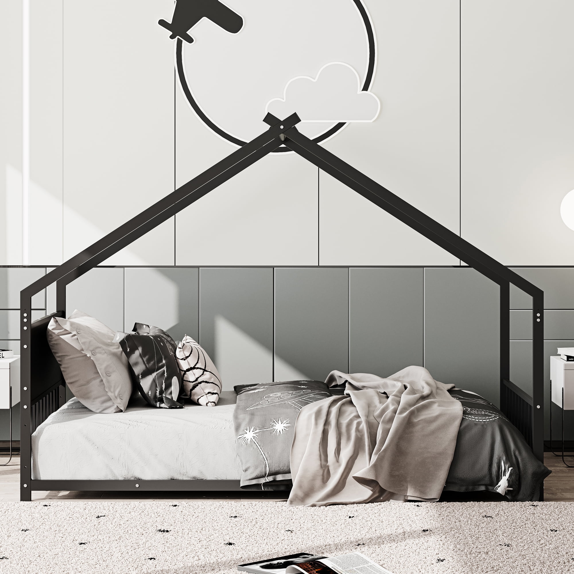 Euroco Metal Twin Size House Bed with LED Lights, Floor Bed with Roof Design, Black - Image 6