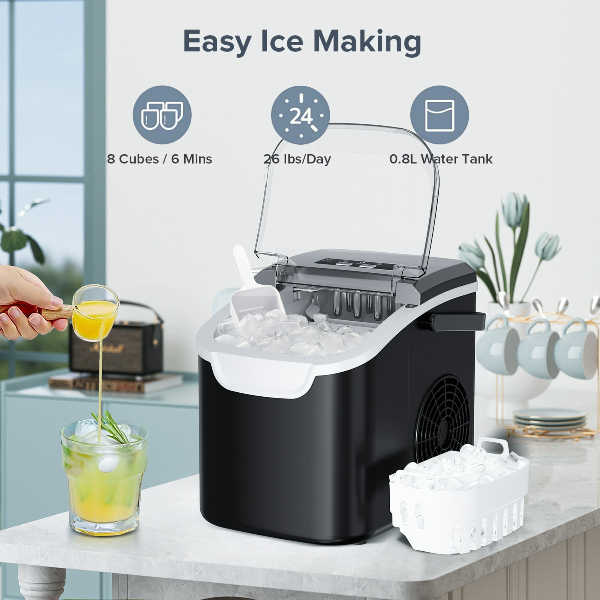 Auseo 26 lbs/24H Countertop Ice Maker Machine, S/L Sizes, 8 Bullet-Shaped Ice in 6 Min, Auto-Cleaning, Black - Image 4