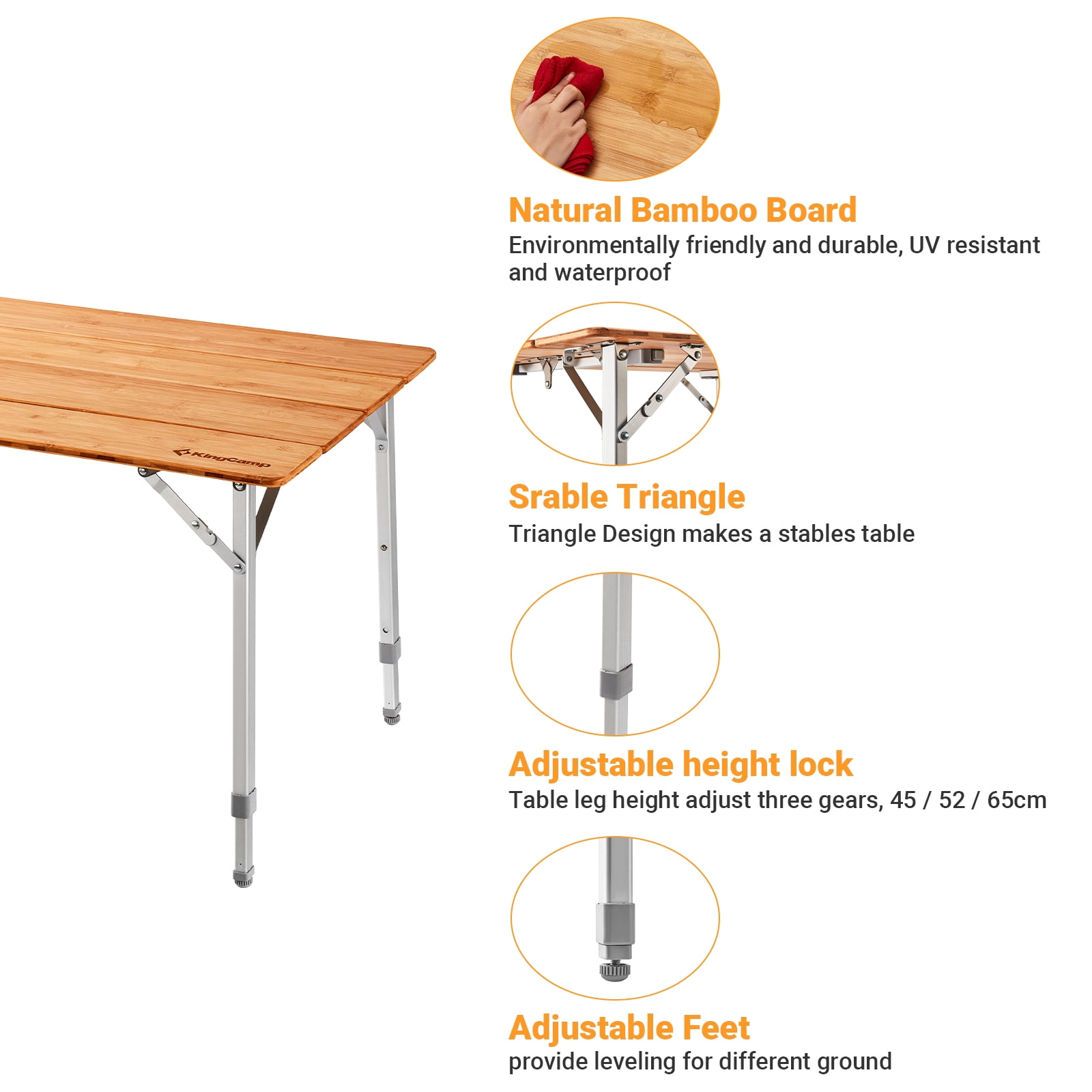 KingCamp Bamboo Camping Table Clearance Adjustable Height Folding Table for 1-2 People Outdoor and Indoor Support 176LBS Yellow - Image 14