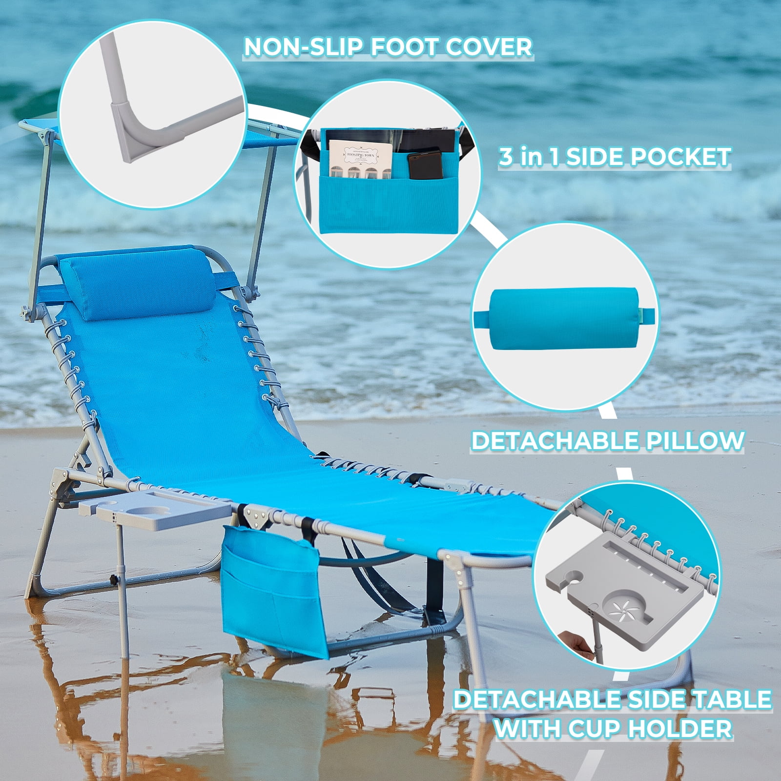 #WEJOY Portable Beach Chaise, Lounge Chair, 5-Position Adjustable Reclining Chaise, Folding Chaise with Face Hole, Sunshade, 3-in-1 Pocket and Side Table, Weight up to 264 lbs - Image 3