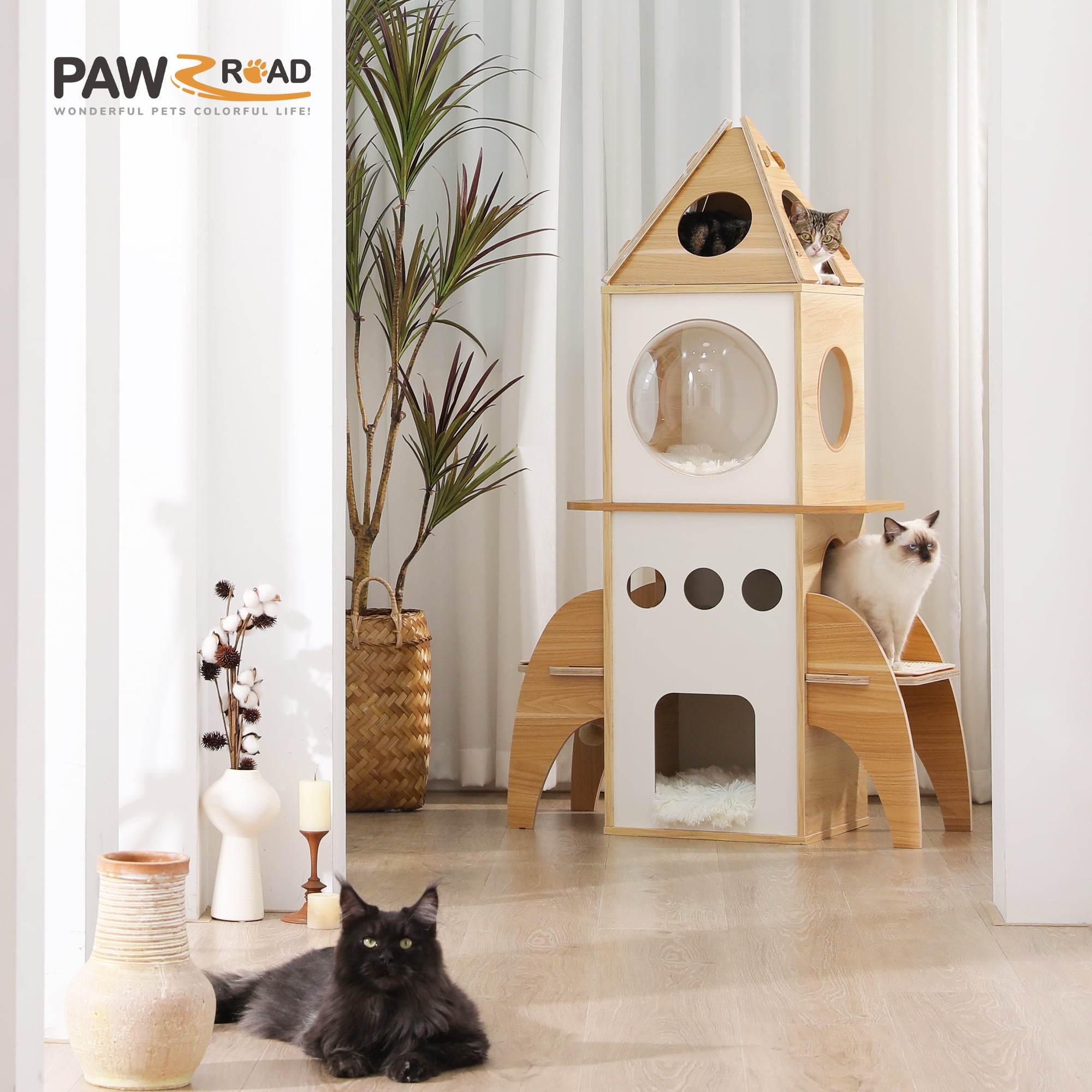 PAWZ Road Modern Cat Tree 54" Rocket Cat Tower Spaceship 3 Condo Cat Furniture for Indoor Cats, Beige - Image 11