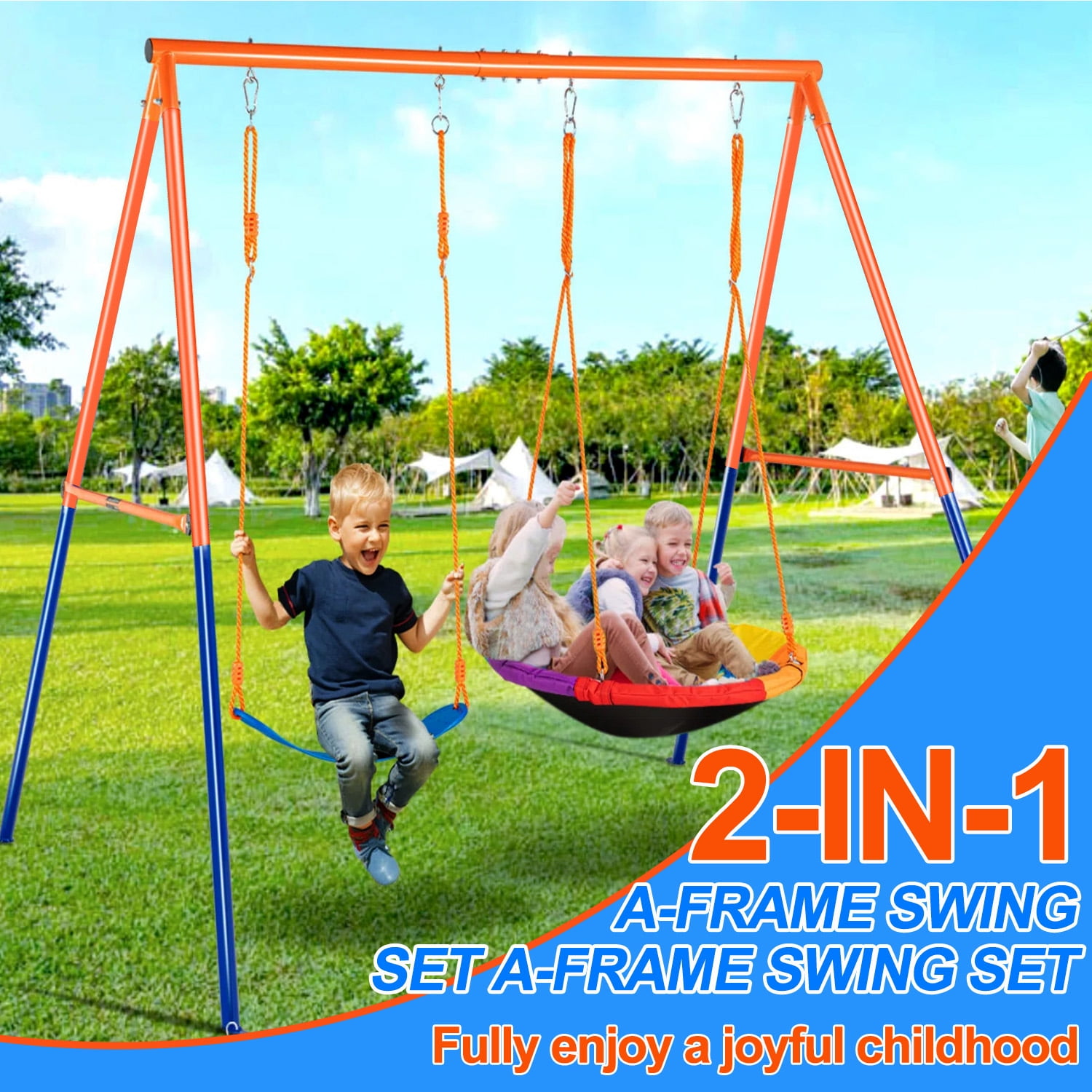 Swing Set for Kids, Heavy Duty Frame Metal Swing Stand with 1 Saucer & 1 Belt Swing Seat for Outdoor - Image 2