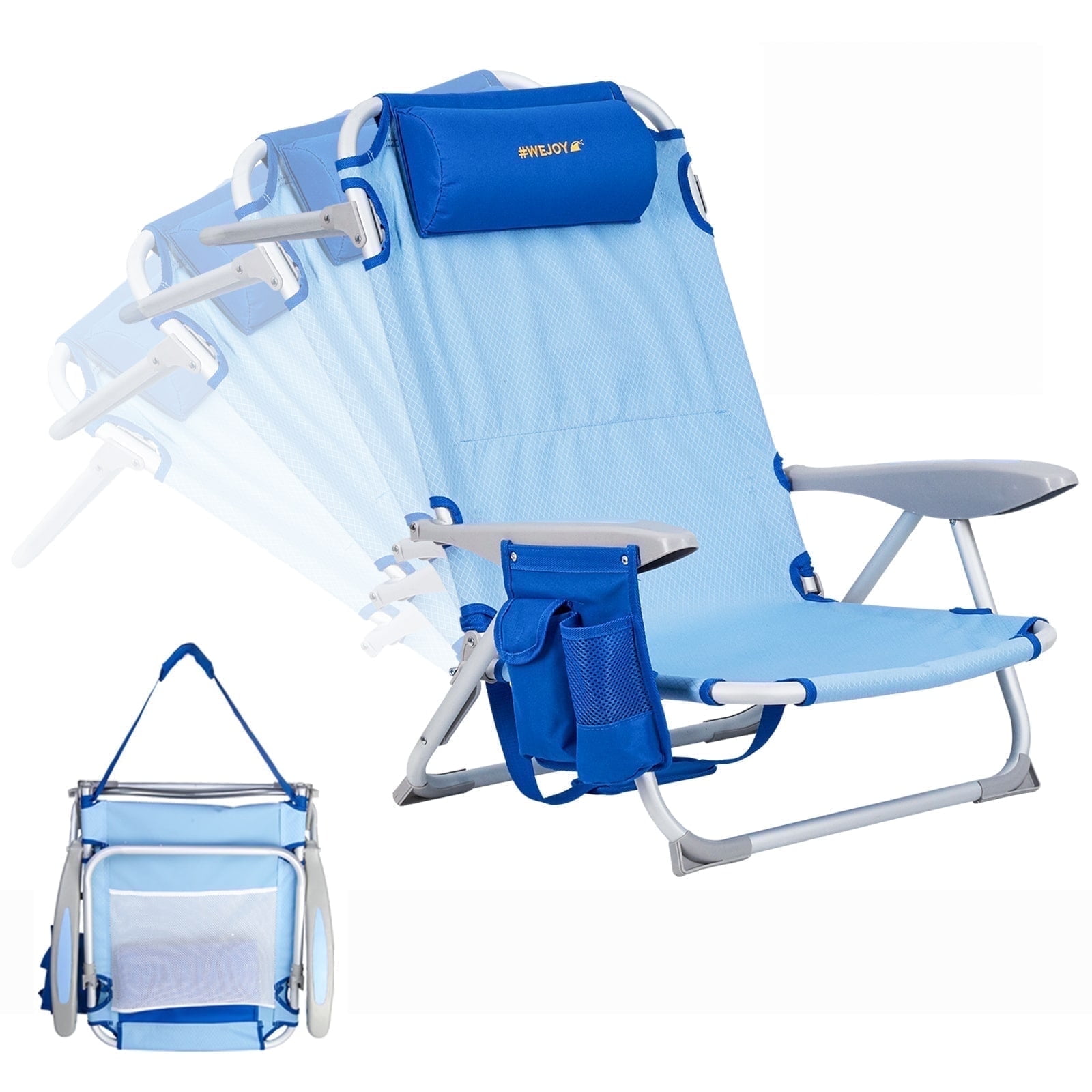 #WEJOY Backpack Beach Chair, 4-Position Adjustable Folding Chair, Aluminum Folding Beach Chair, Low Camping Chair for Adults with Headrest, Cup Holder, Towel Rack, Max Load 265 lbs - Image 8
