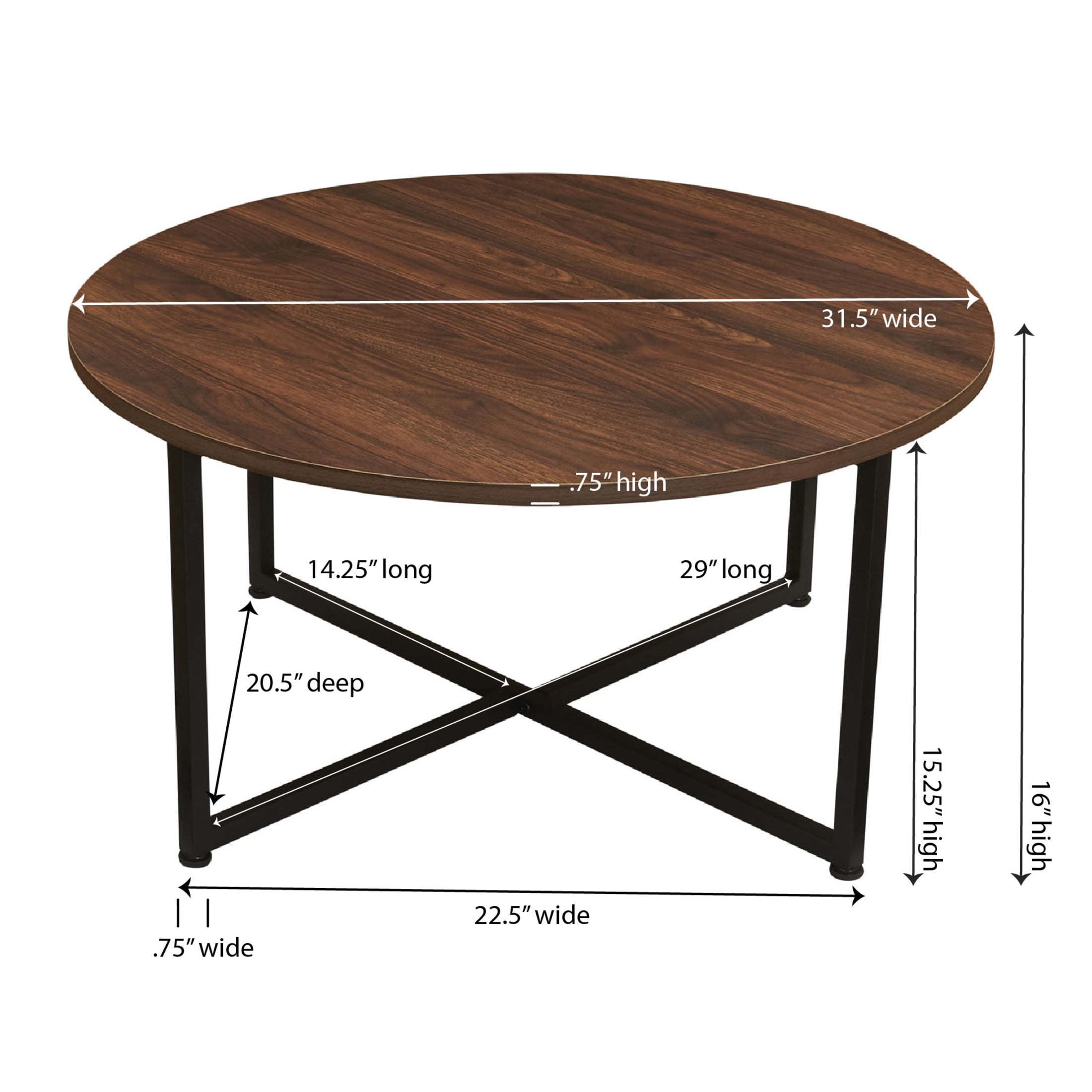 Household Essentials Jamestown Round Coffee Table Mid Century Walnut Wood Grain and Black Metal - Image 9