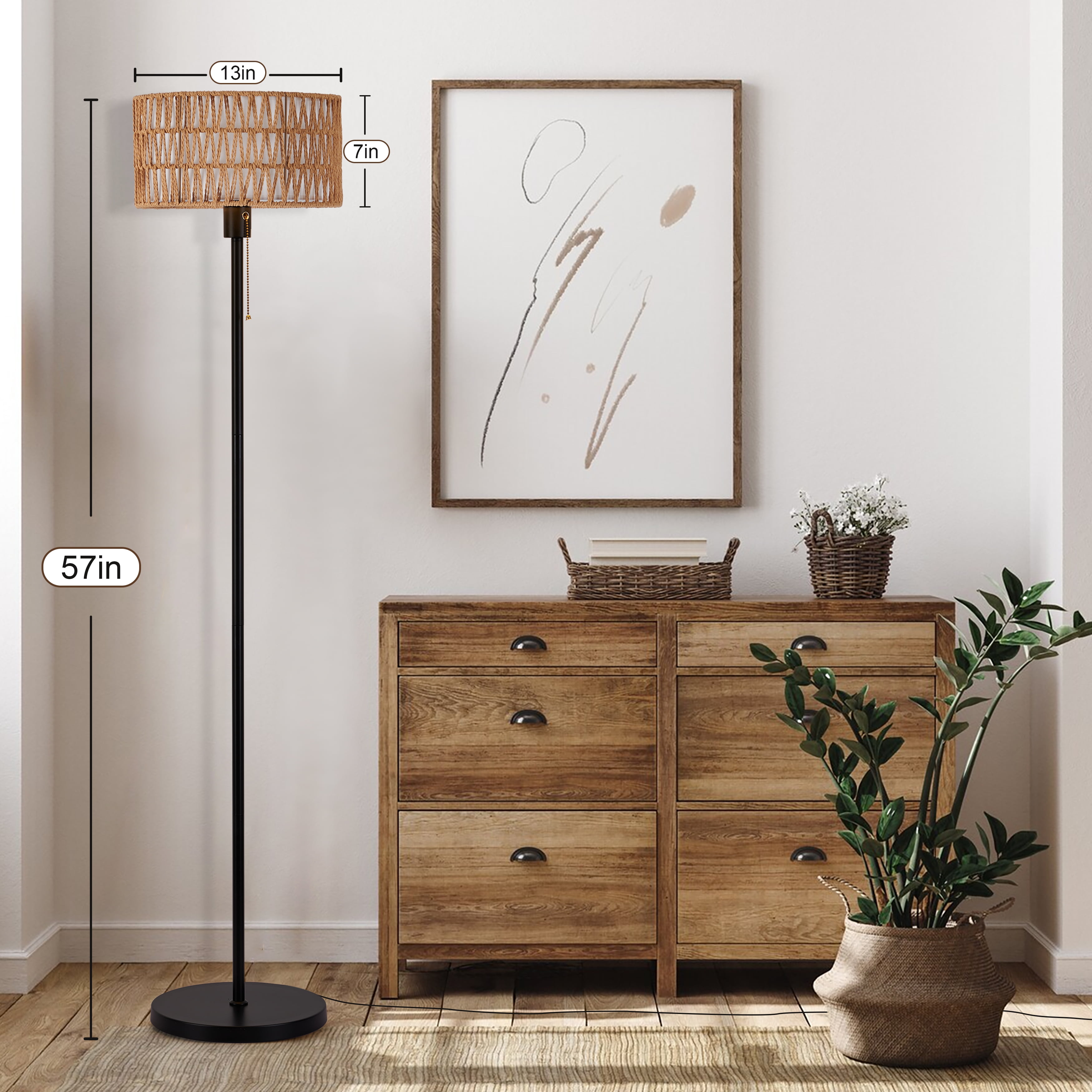 Rattan Floor Lamps for Living Room, Rattan Boho Floor Lamp, Black Metal Floor Lamp with Bulb, Rattan Fabric Double Shades, Farmhouse Rustic Floor Lamp, Standing Lamp for Living Room Bedroom Office - Image 4