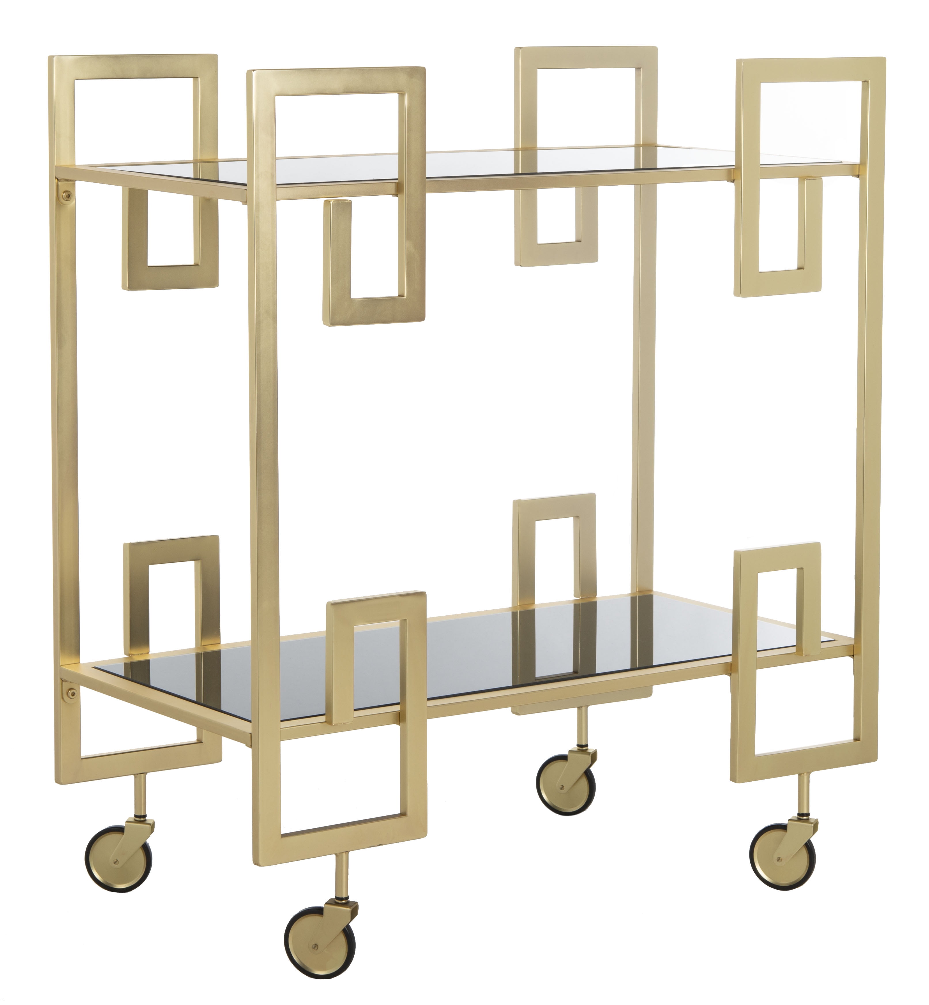 SAFAVIEH Eliza 2 Tier Modern Glam Rectangle Bar Cart with Casters, Brass/Black Glass - Image 4