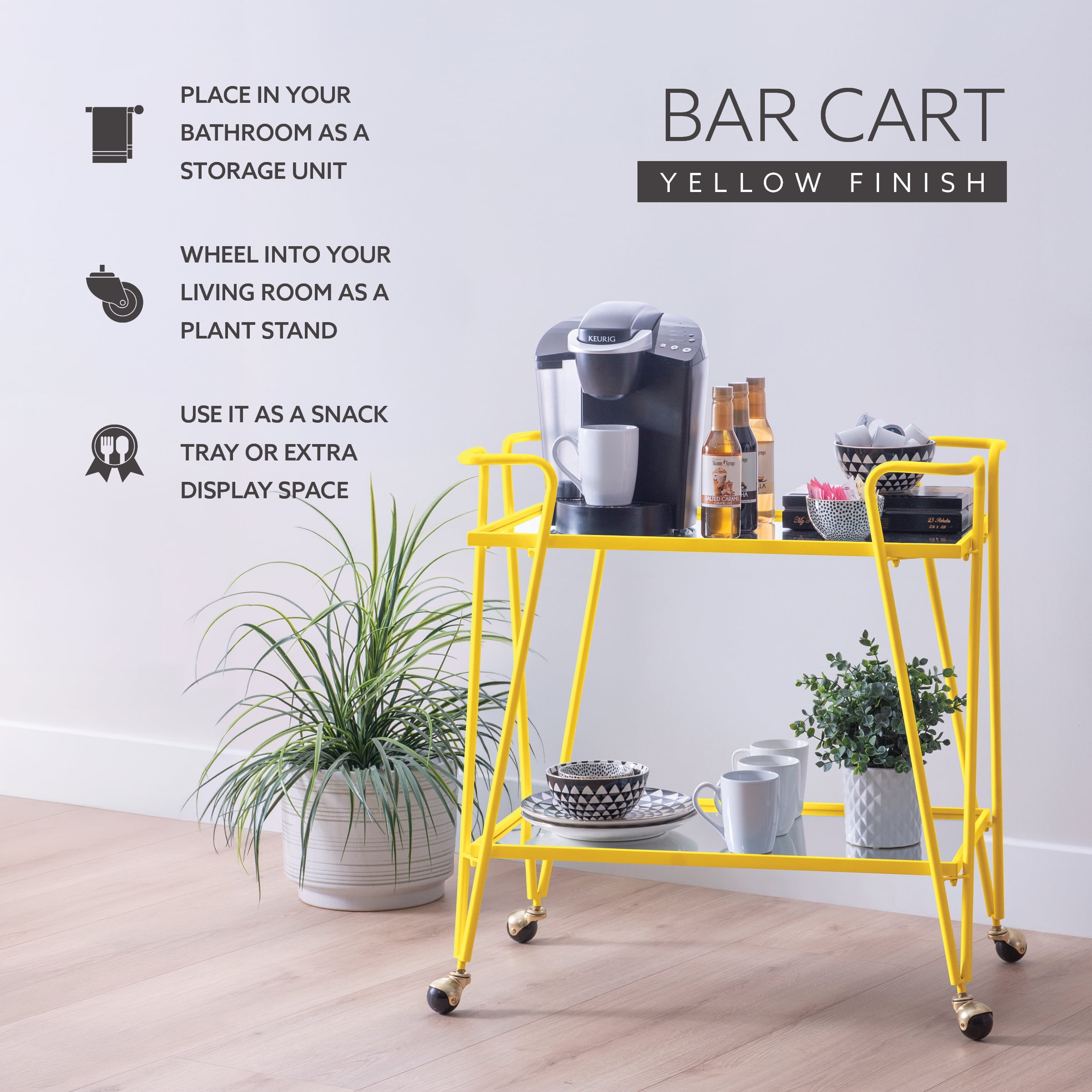 Linon Lawsonia 2-Tier Mid-Century Mobile Bar Cart with Mirrored Top, 32.5" Tall, 27 lb, Yellow - Image 6