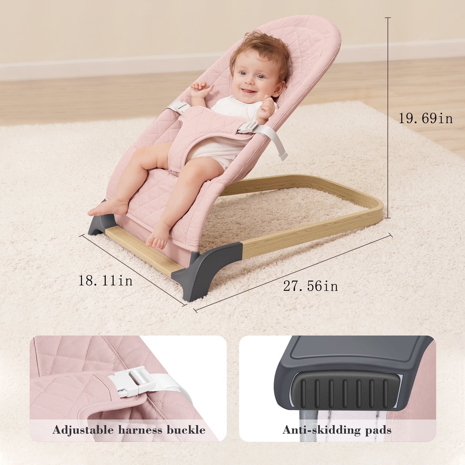 ANGELBLISS Baby Bouncer, Portable Bouncer Seat for Babies, Infants Bouncy Seat with Mesh Fabric, Natural Vibrations (Pink)(0-9month) - Image 7