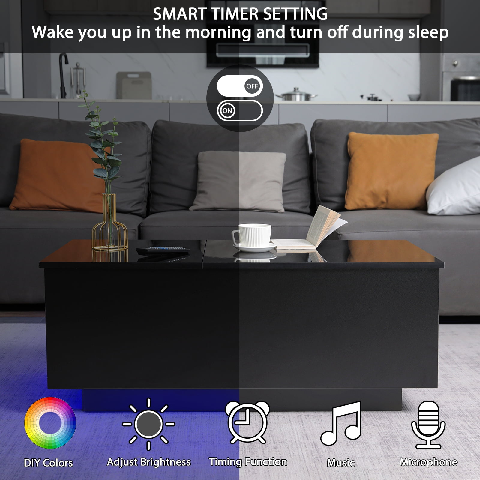 LED Coffee Table with Lift Top & Charging Station Small Dining Table with Hidden Compartment for Living Room - Image 6