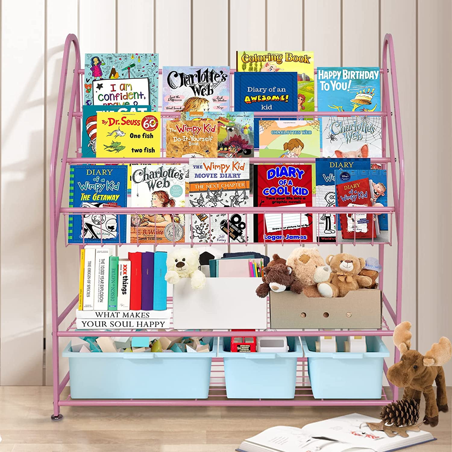 aboxoo Metal Kids Pink Bookshelf Freestanding for Children Girls Room 32 inches Large Toddler Pink Stable Bookcase Bookstore Library Book Unit Storage - Image 9