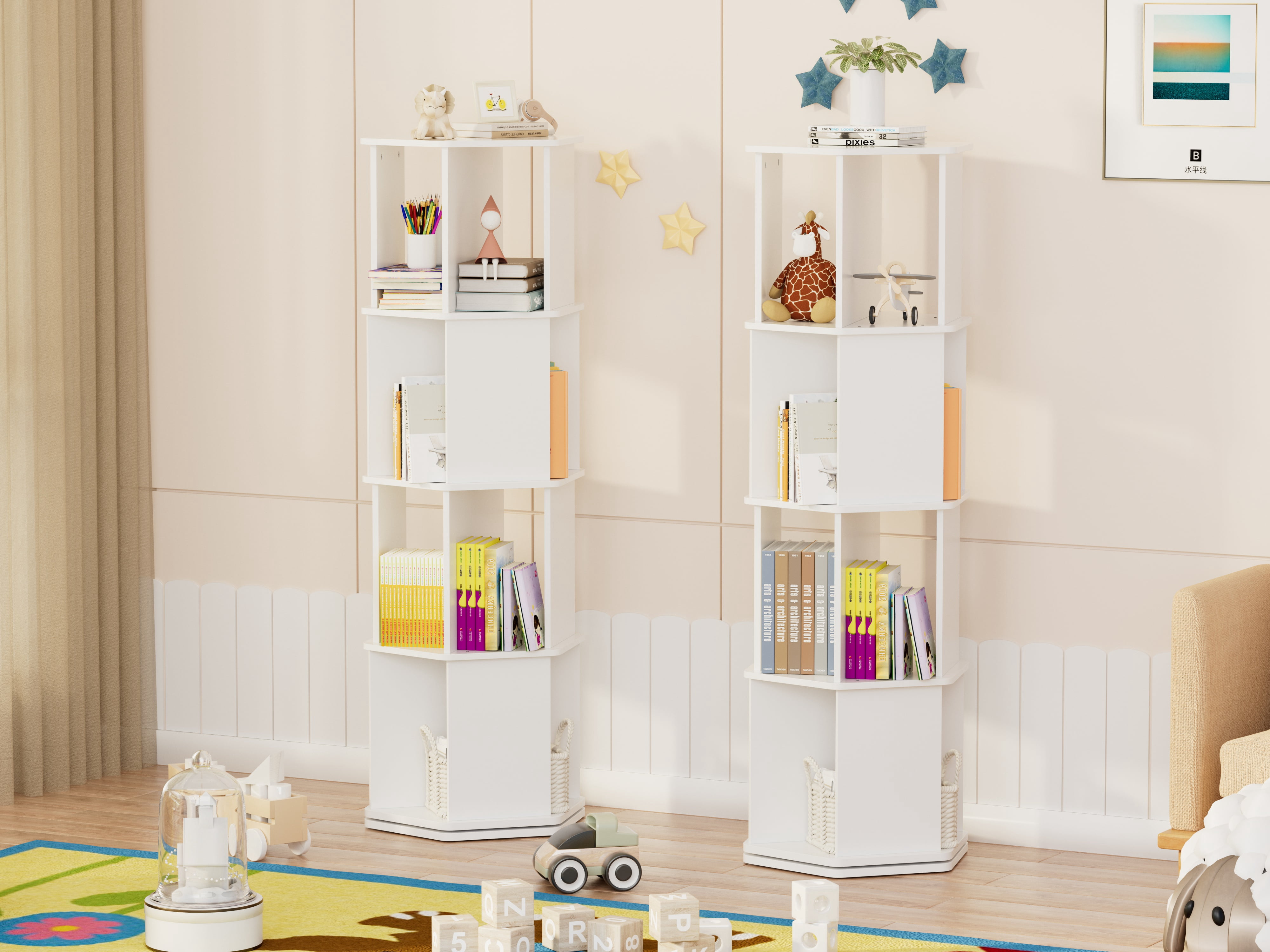 tonchean 4 Tier 360° Rotating Bookshelf, 52"H Floor Standing Bookcase Organizer Rack for Study Gift, White Wood - Image 7