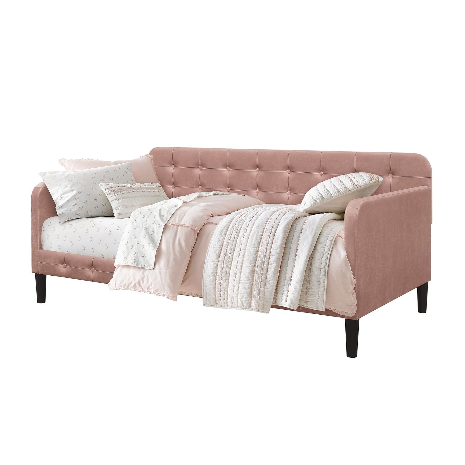 Home Design Chloe Twin Daybed with Velvet Upholstery, Button-Tufted Back, Stylish Versatile Seating and Sleeping Solution for Bedroom or Living Room, Pink - Image 4