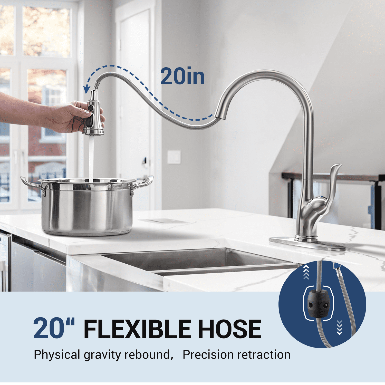 Appaso Stainless Steel Pull Down Kitchen Faucet Single Handle Brushed Nickel with Deck Plate 148BN - Image 2