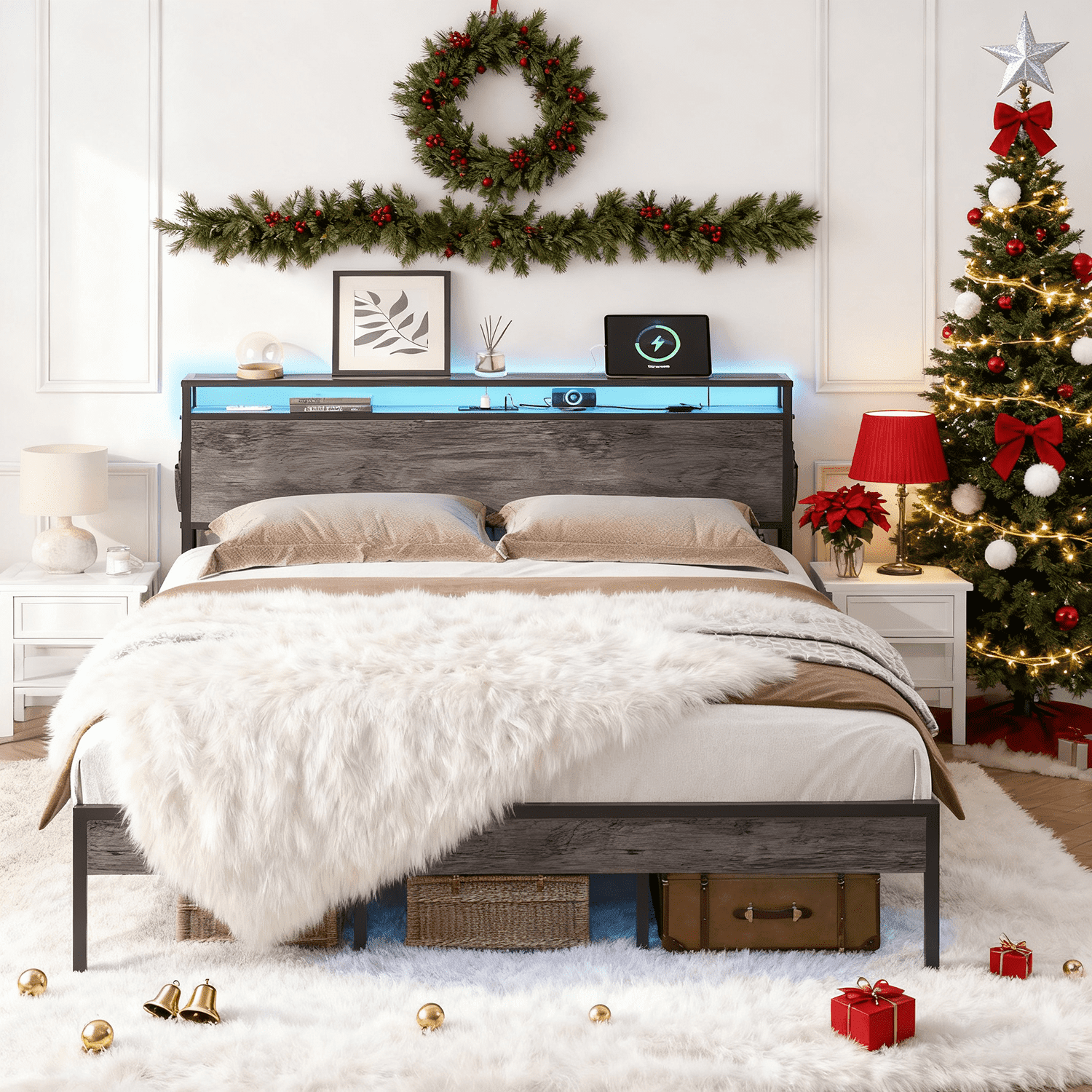 Bestier Queen Size Platform Bed Frame with Led Storage Headboard Charging Station and Bedside Caddy, Grey - Image 5